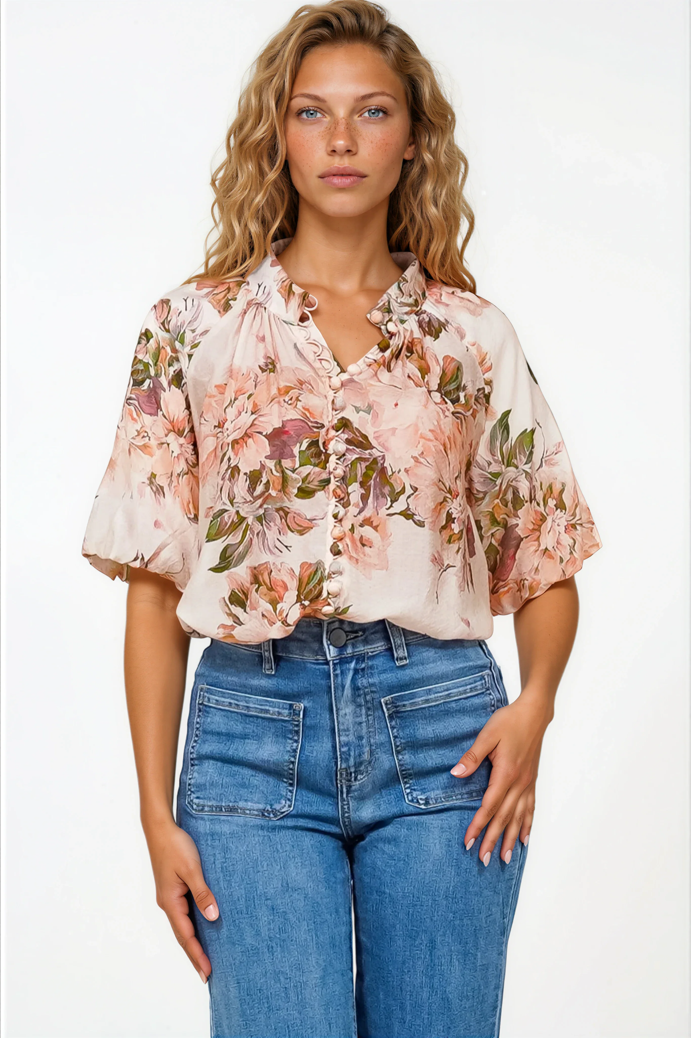 Natalia Blouse - Button Down Mandarin Collar Shirt in Kirah Print Peach - Image 2
