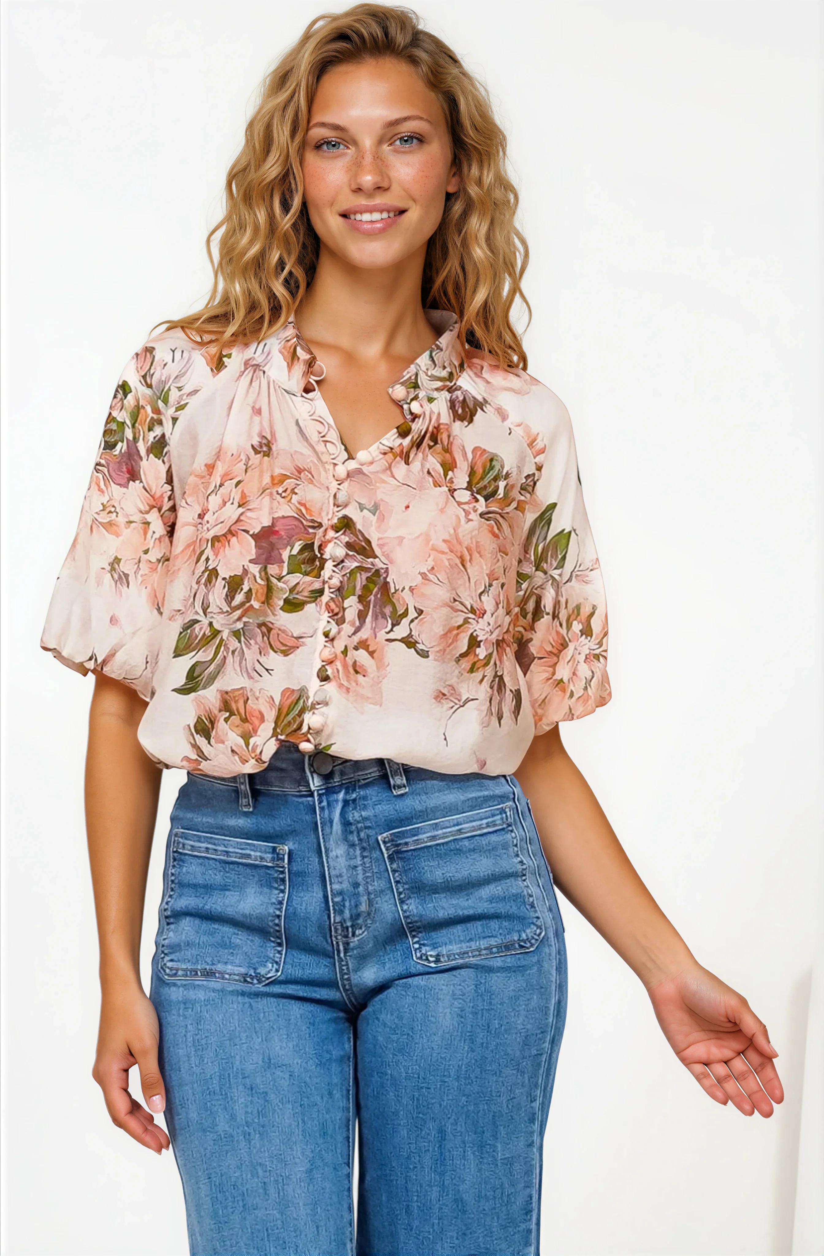 Natalia Blouse - Button Down Mandarin Collar Shirt in Kirah Print Peach - Image 3