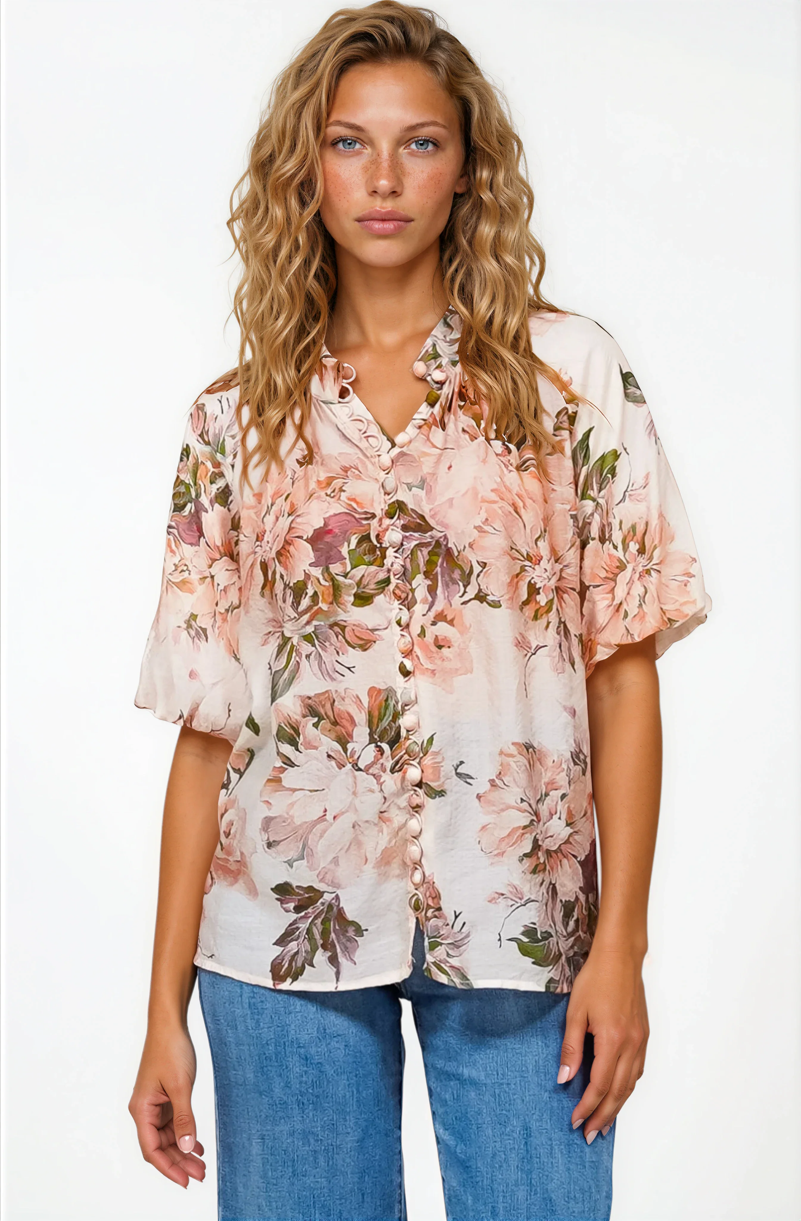 Natalia Blouse - Button Down Mandarin Collar Shirt in Kirah Print Peach - Image 4