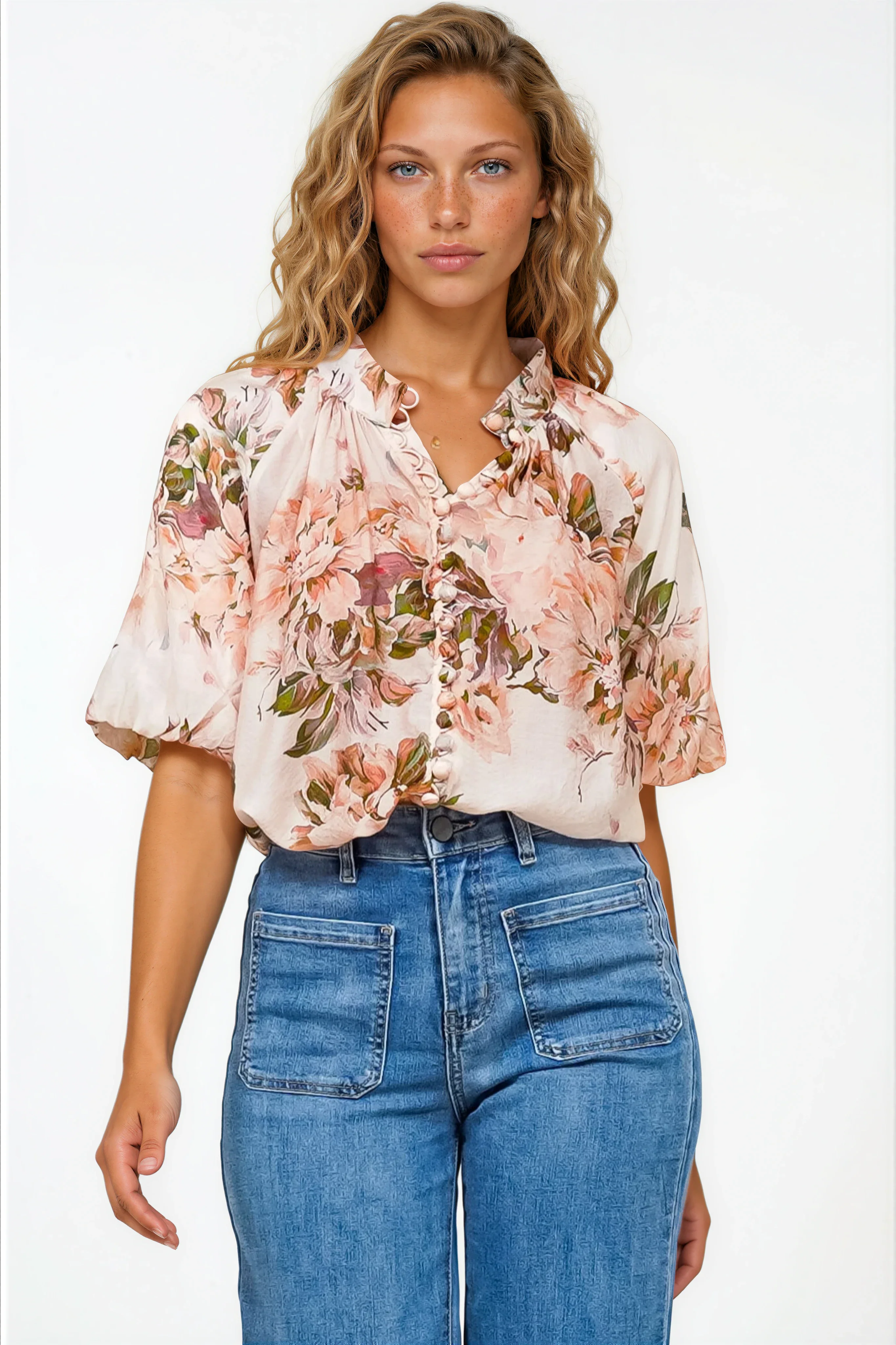 Natalia Blouse - Button Down Mandarin Collar Shirt in Kirah Print Peach - Image 5