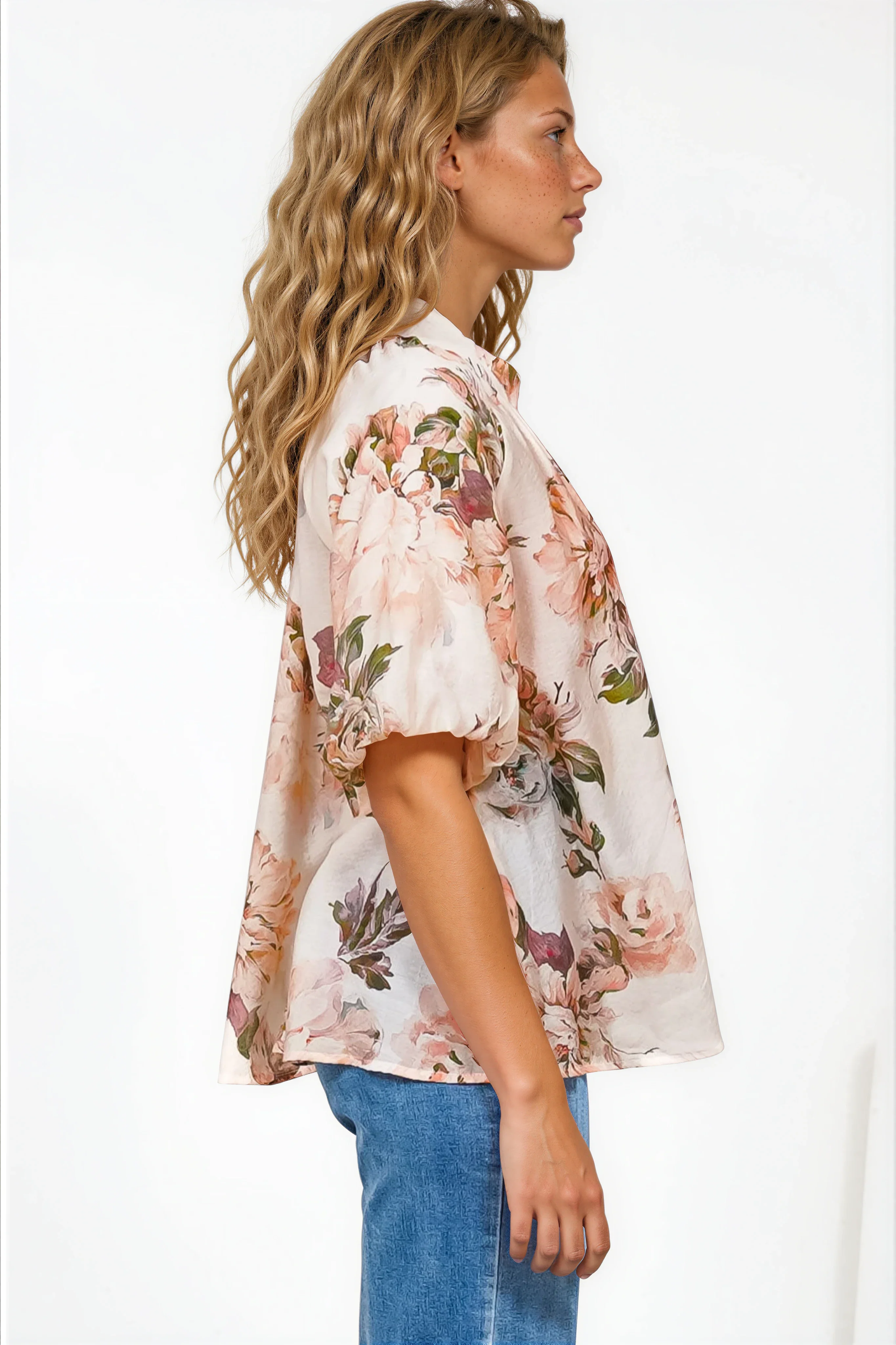 Natalia Blouse - Button Down Mandarin Collar Shirt in Kirah Print Peach - Image 6