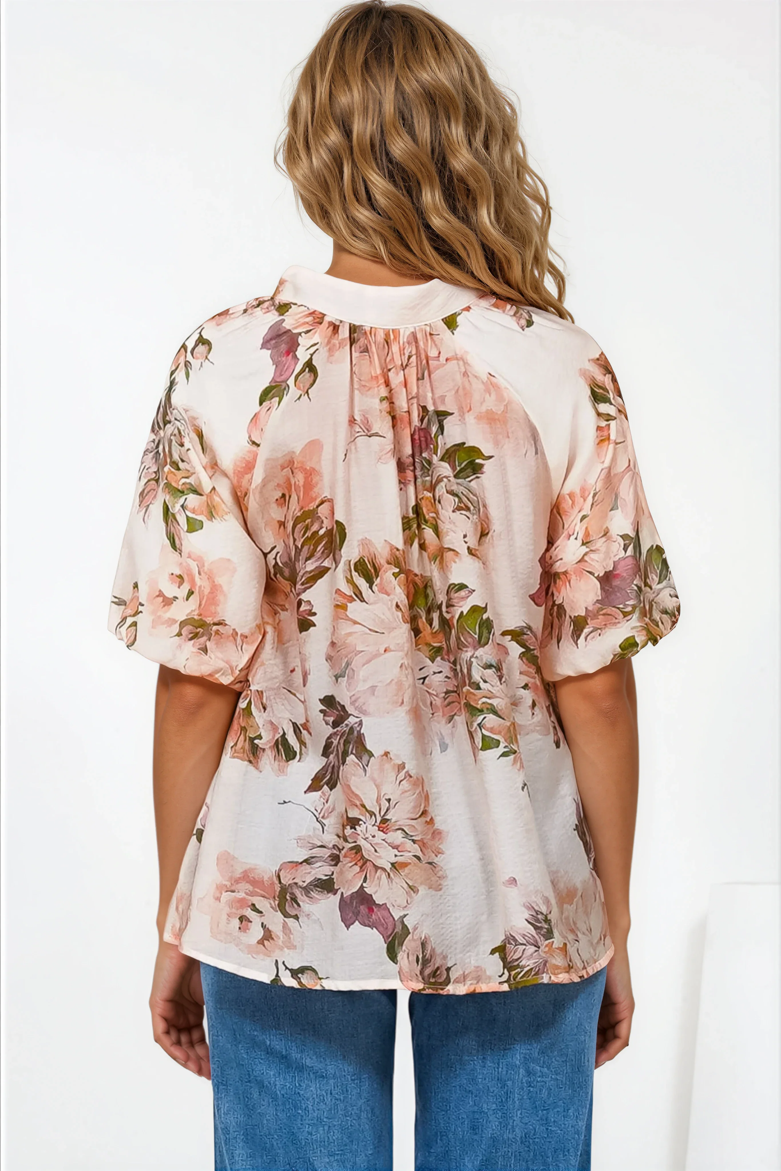 Natalia Blouse - Button Down Mandarin Collar Shirt in Kirah Print Peach - Image 7