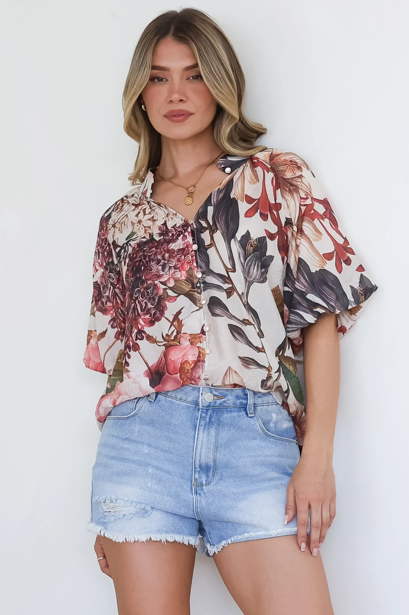 Nayra Blouse - Mandarin Collar Buttoned Down with Puff Sleeves in Leonor Print - Image 5