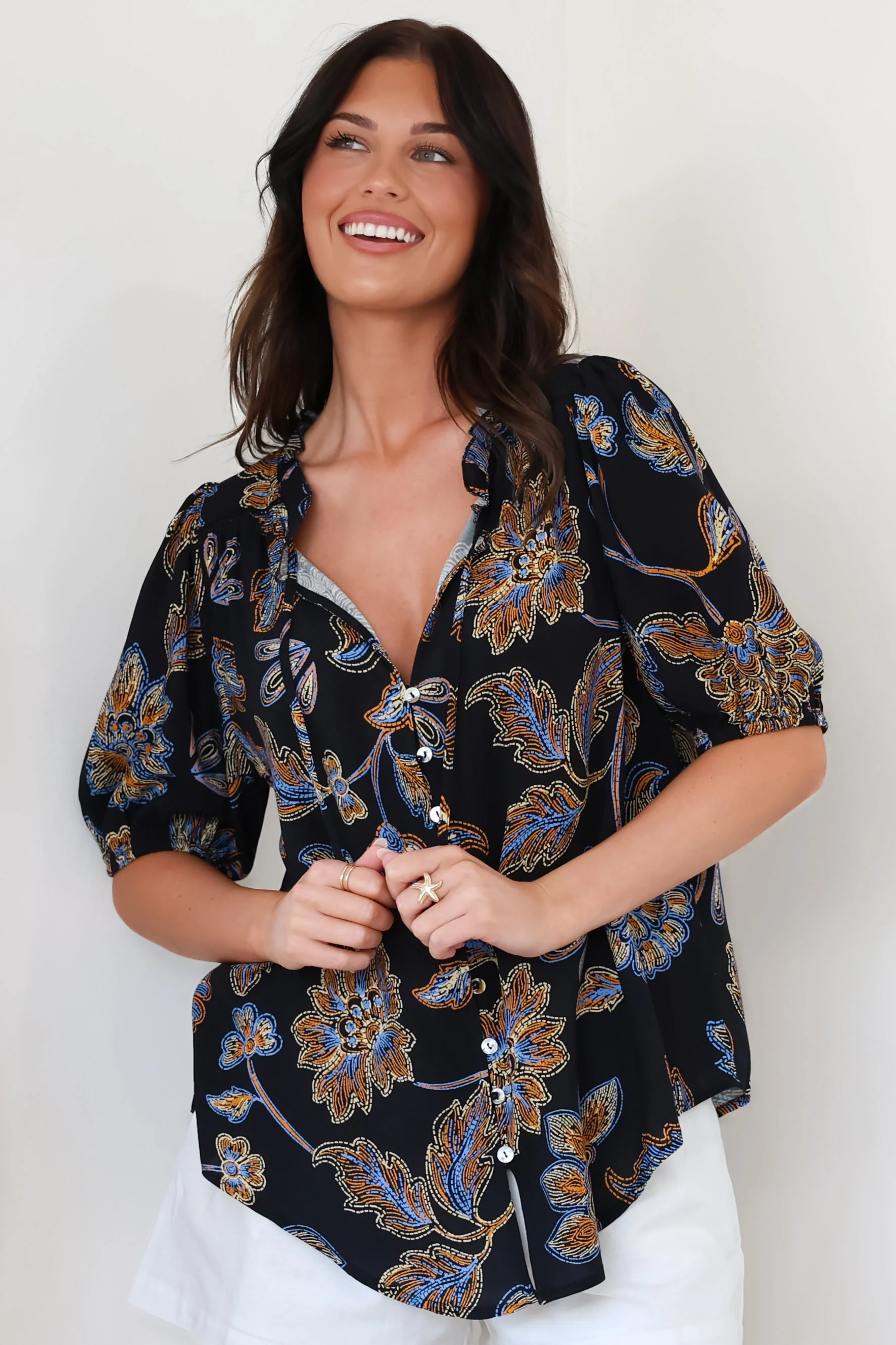 Neo Blouse - High Frill Collar Button Down Shirt in Enchanted Ink Print - Image 3