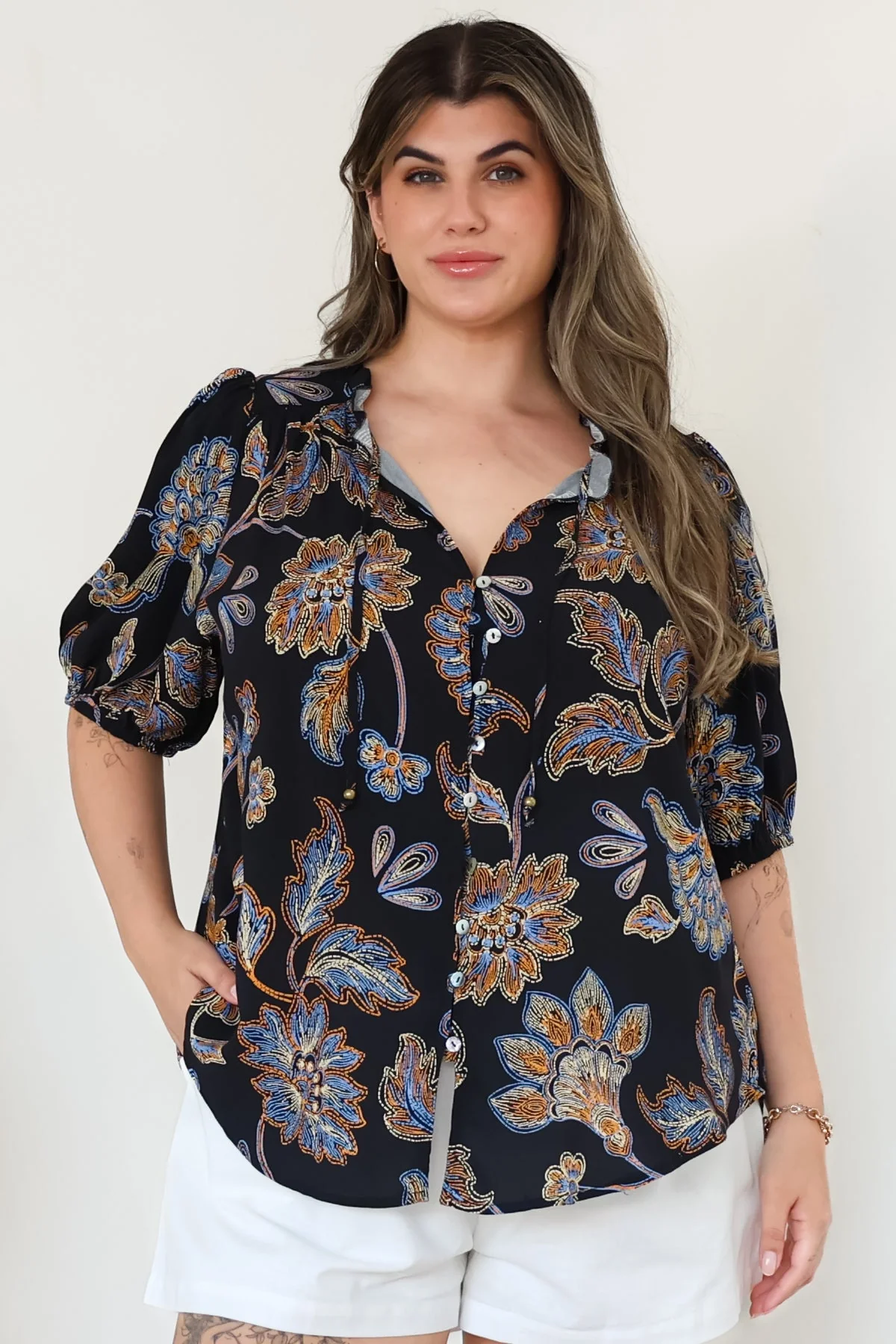 Neo Blouse - High Frill Collar Button Down Shirt in Enchanted Ink Print - Image 7