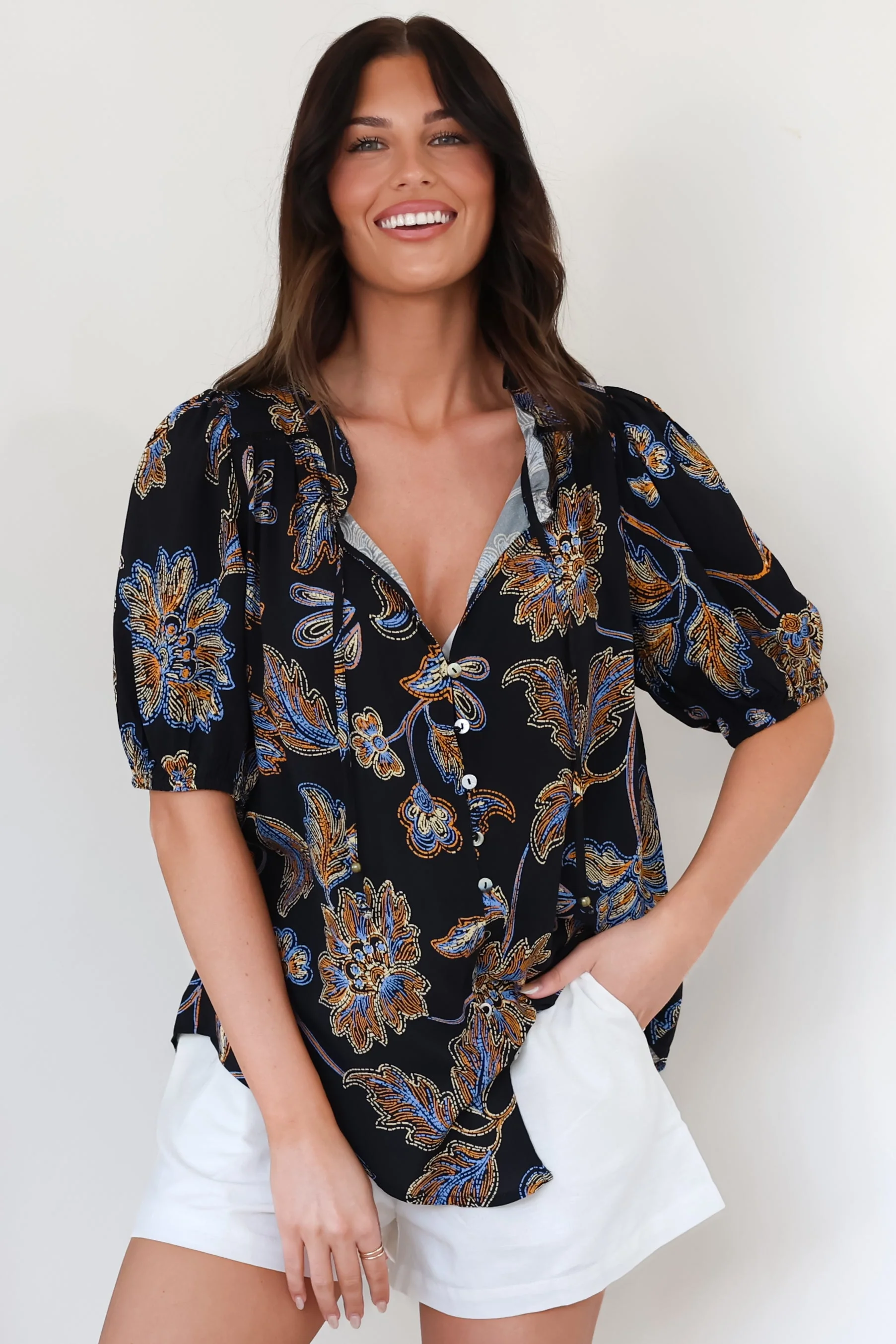 Neo Blouse - High Frill Collar Button Down Shirt in Enchanted Ink Print - Image 9