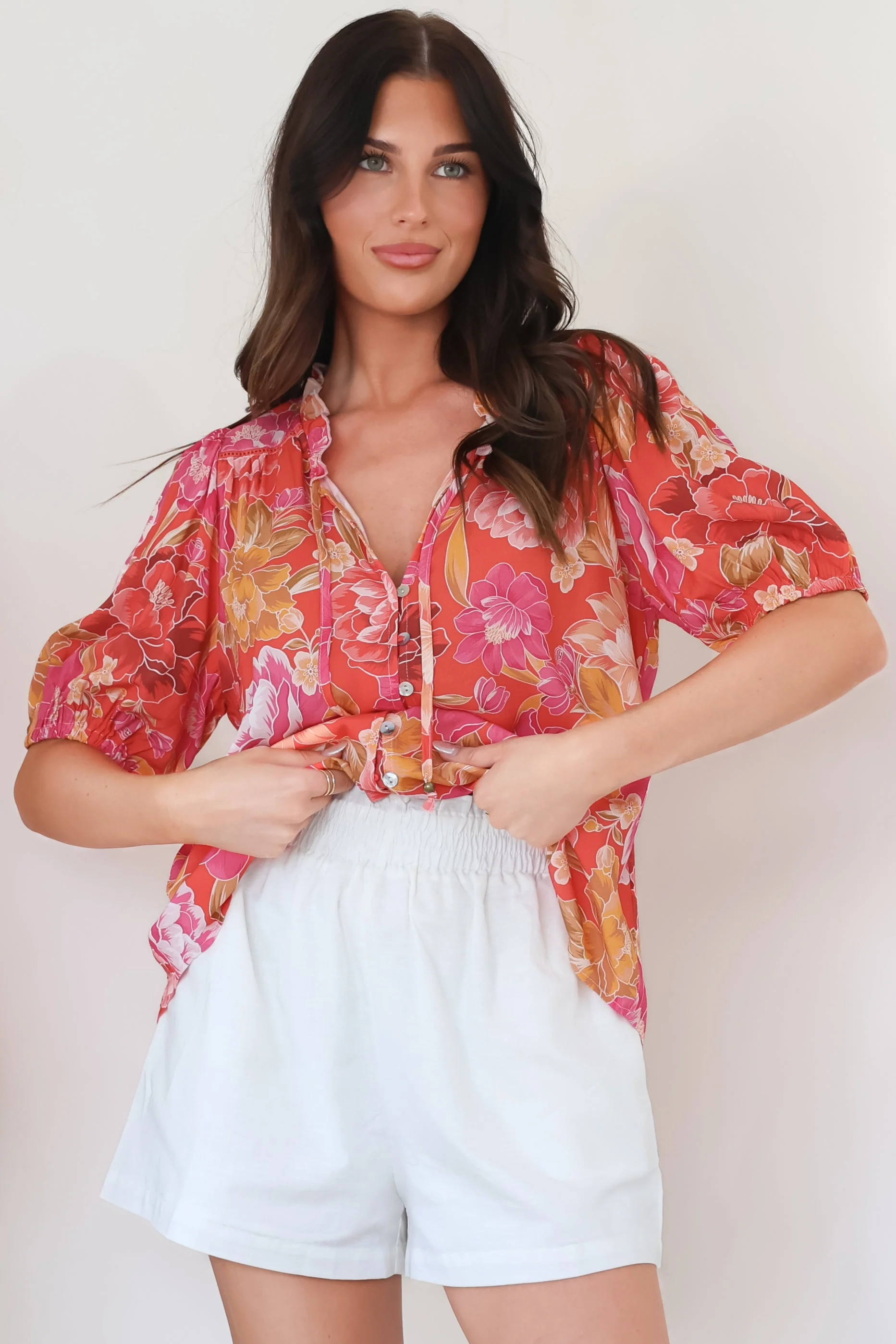 Neo Blouse - High Frill Collar Button Down Shirt in Mirella Print - Image 8
