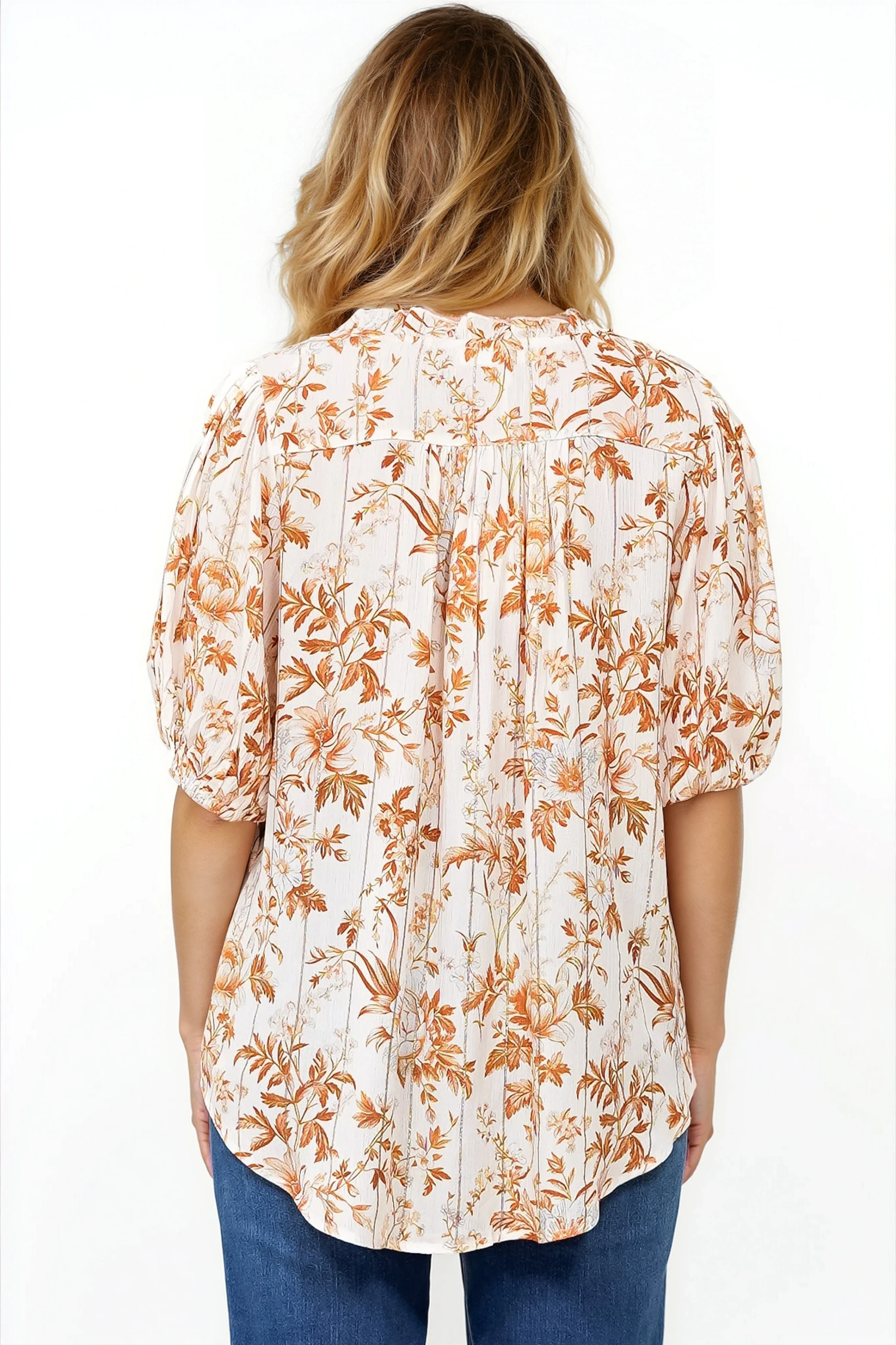 Neo Blouse - High Frill Collar Button Down Shirt in Sorrento Print Cream - Image 10