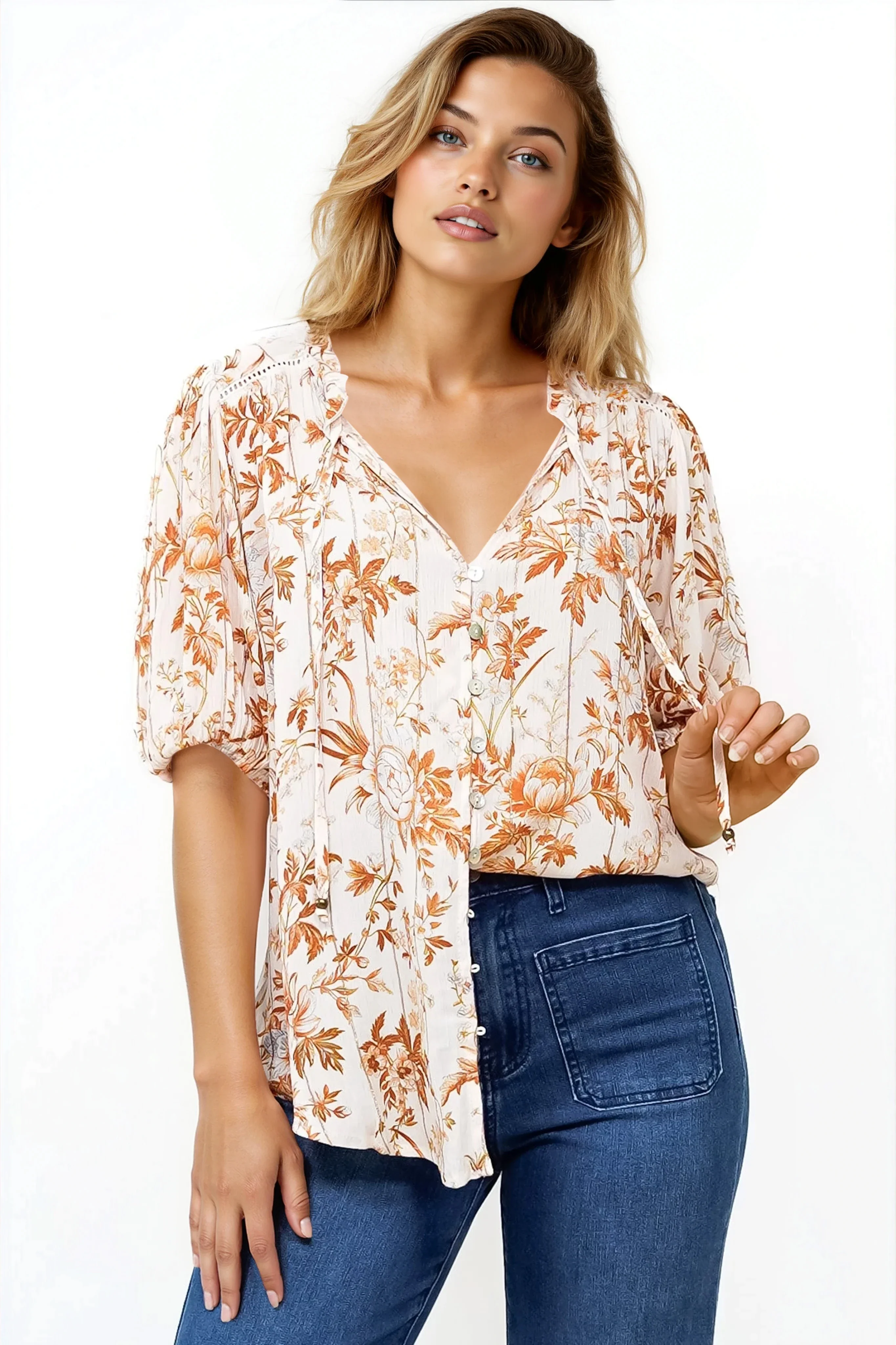 Neo Blouse - High Frill Collar Button Down Shirt in Sorrento Print Cream - Image 2
