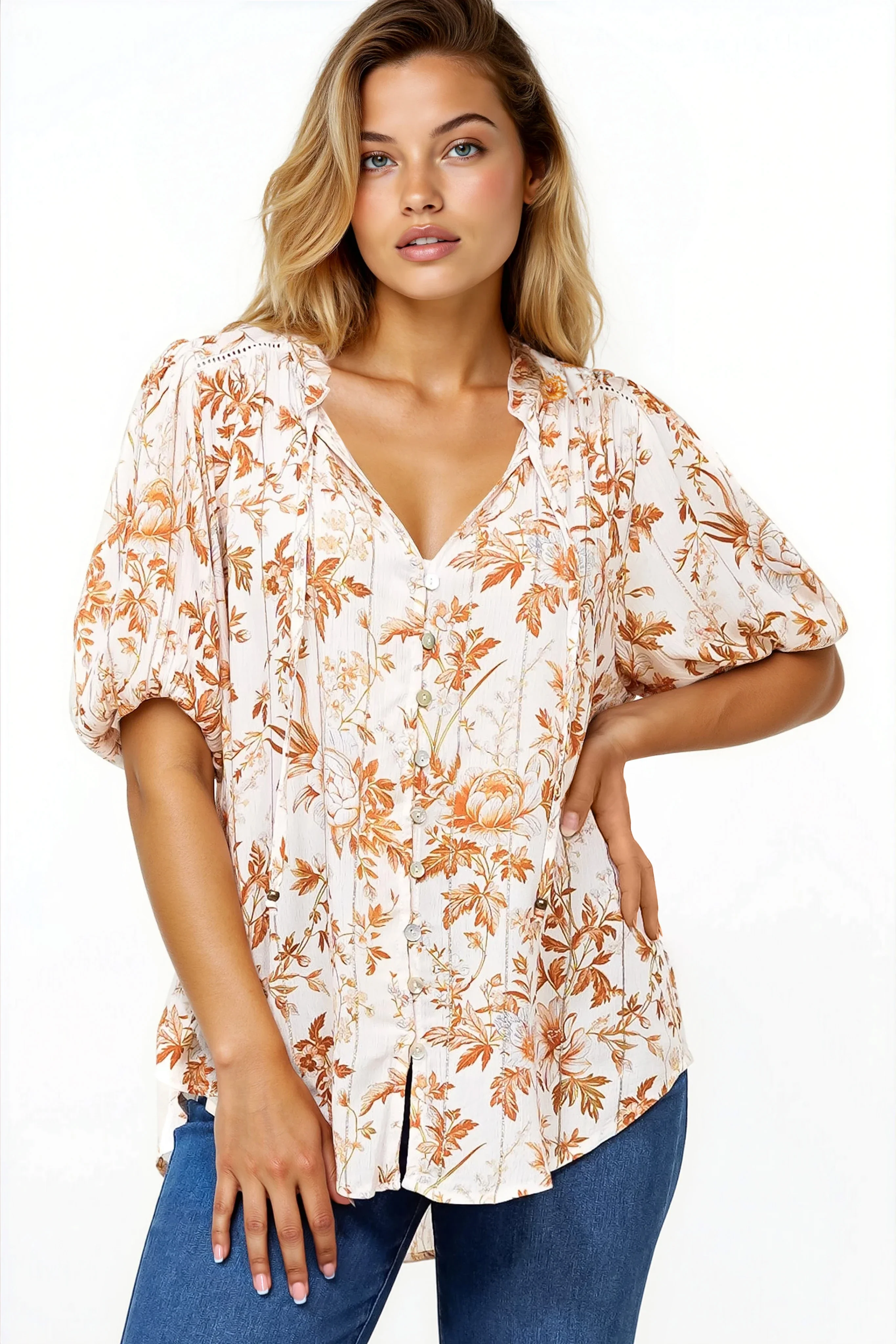 Neo Blouse - High Frill Collar Button Down Shirt in Sorrento Print Cream - Image 5