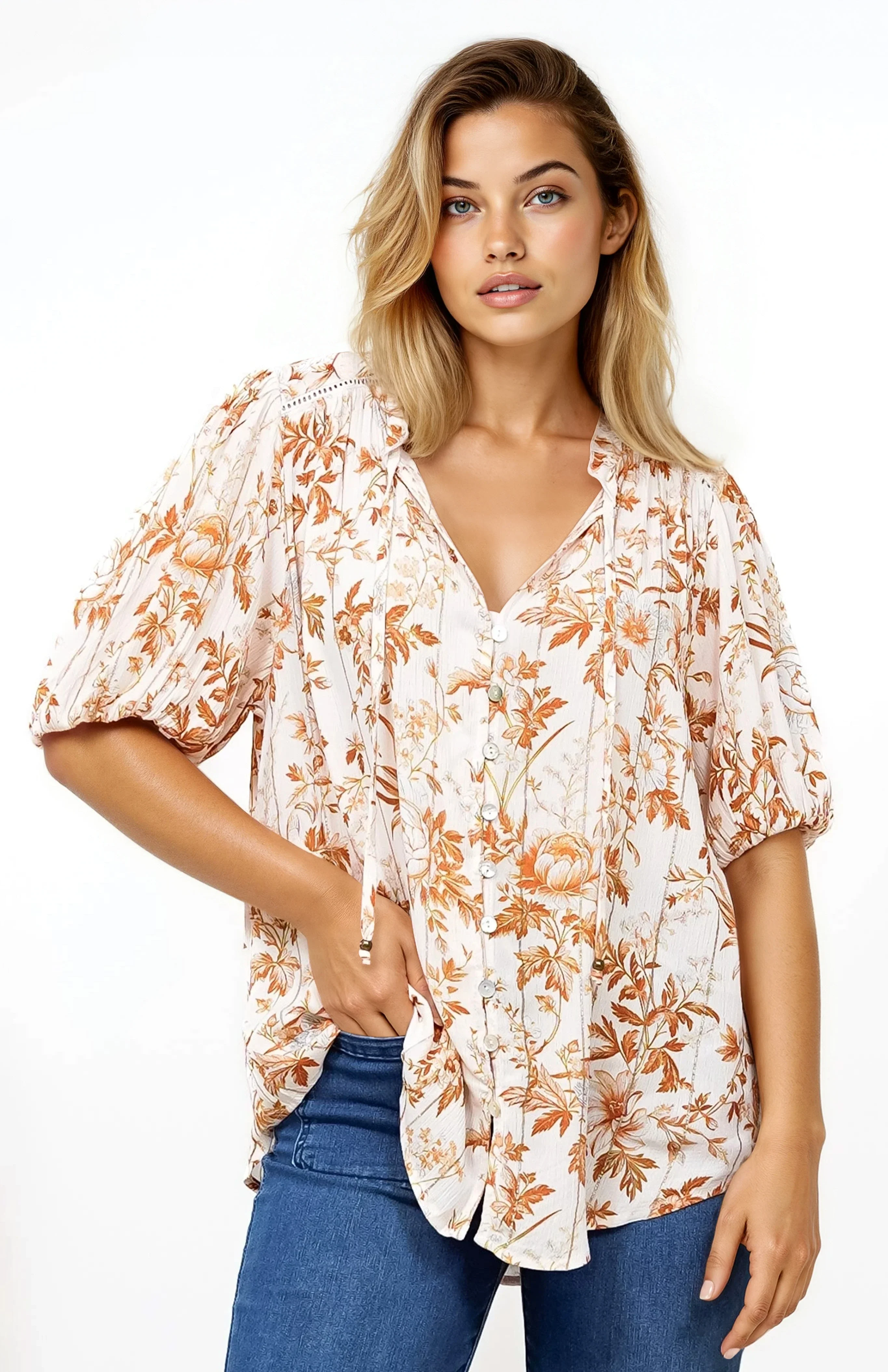 Neo Blouse - High Frill Collar Button Down Shirt in Sorrento Print Cream - Image 6