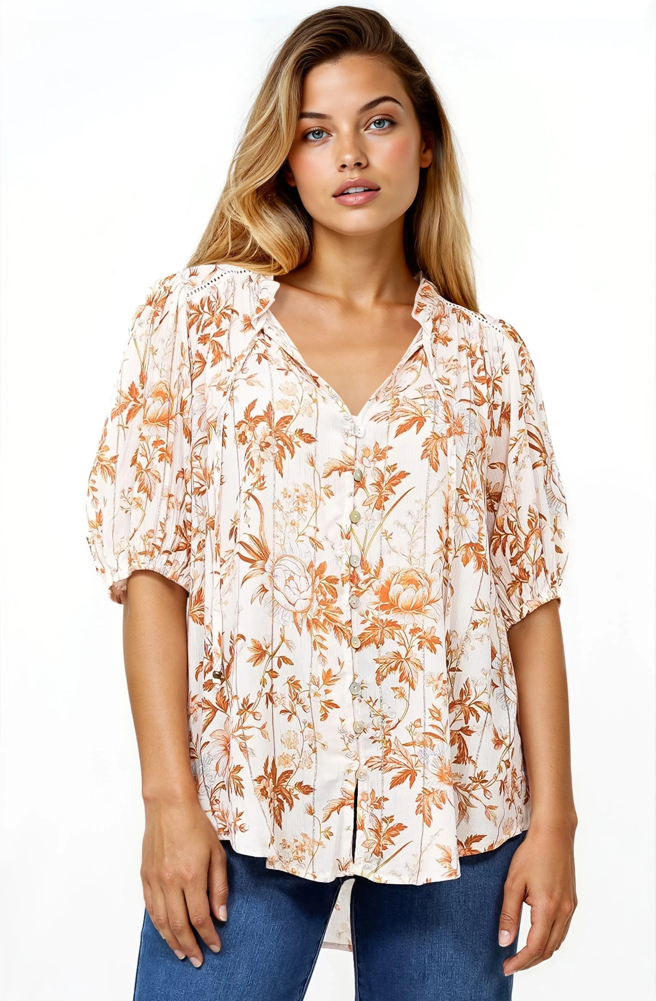 Neo Blouse - High Frill Collar Button Down Shirt in Sorrento Print Cream - Image 7