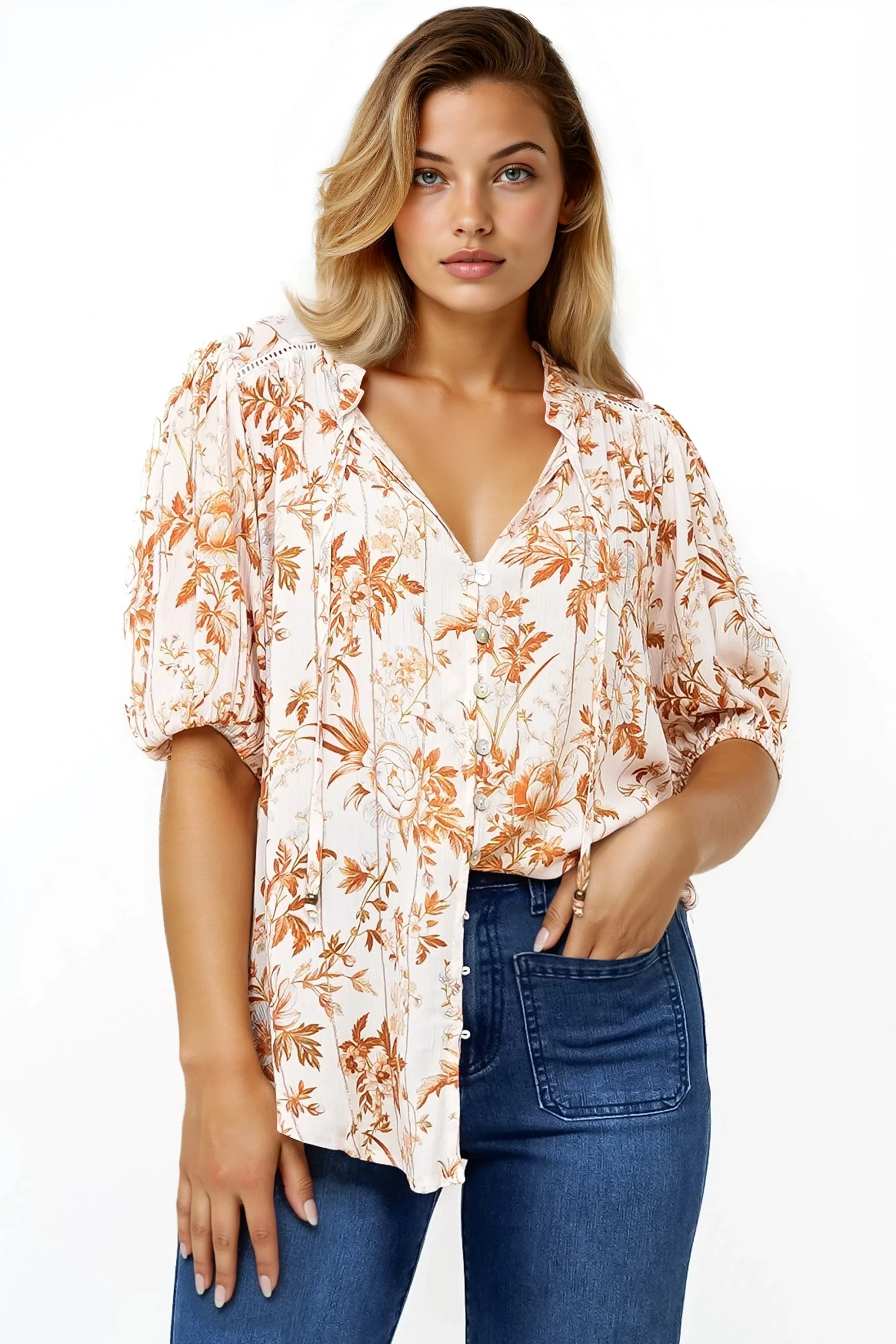 Neo Blouse - High Frill Collar Button Down Shirt in Sorrento Print Cream - Image 8