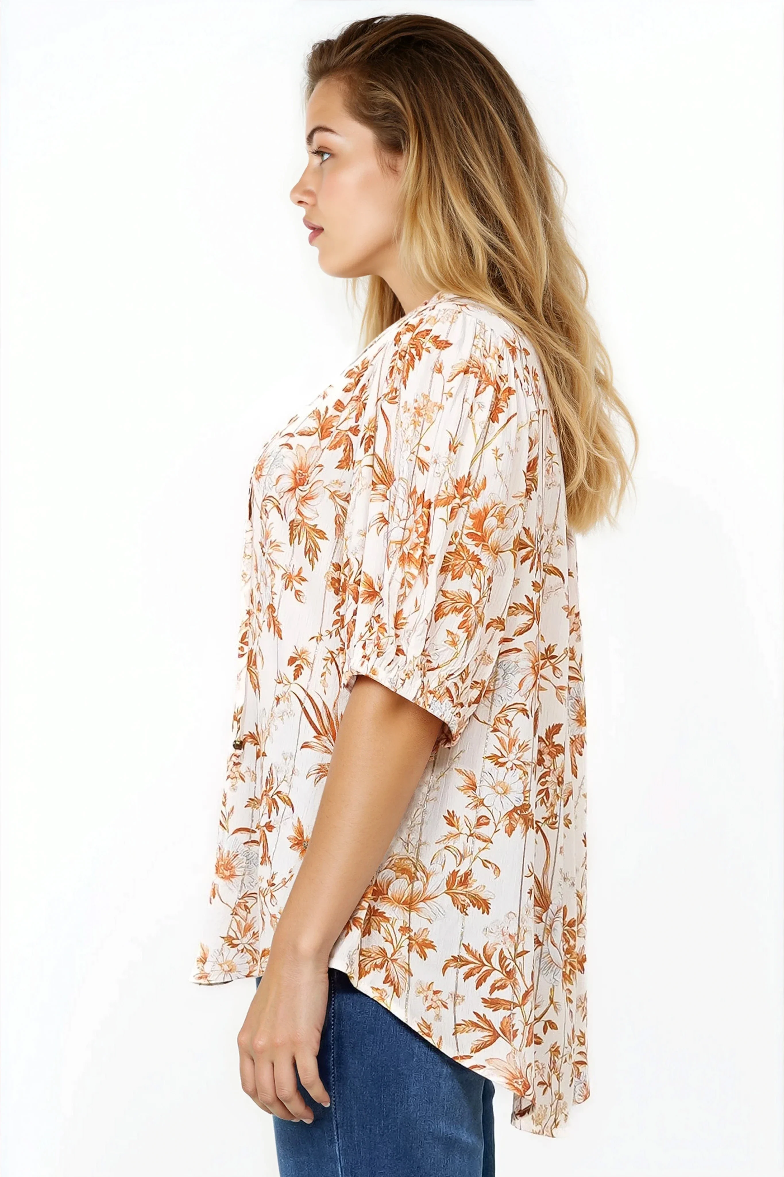 Neo Blouse - High Frill Collar Button Down Shirt in Sorrento Print Cream - Image 9