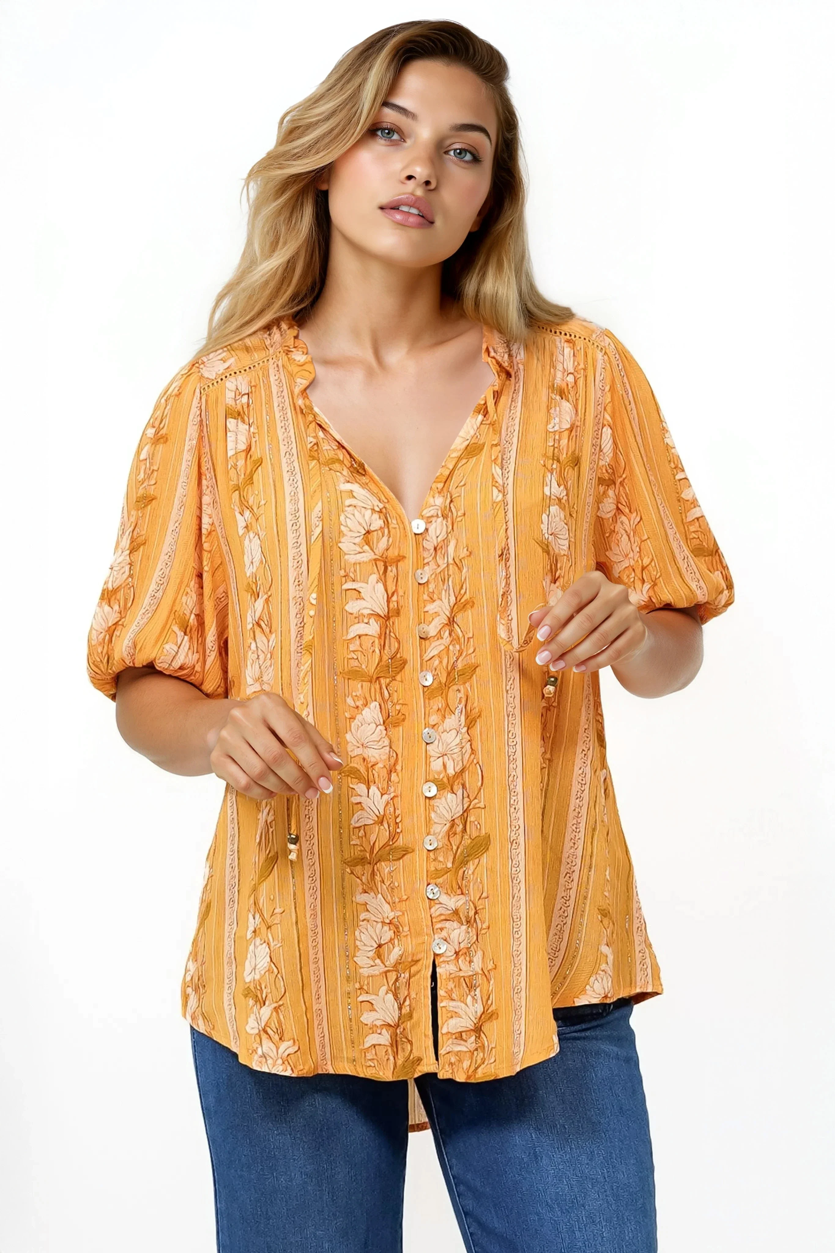 Neo Blouse - High Frill Collar Button Down Shirt in Totema Print - Image 2
