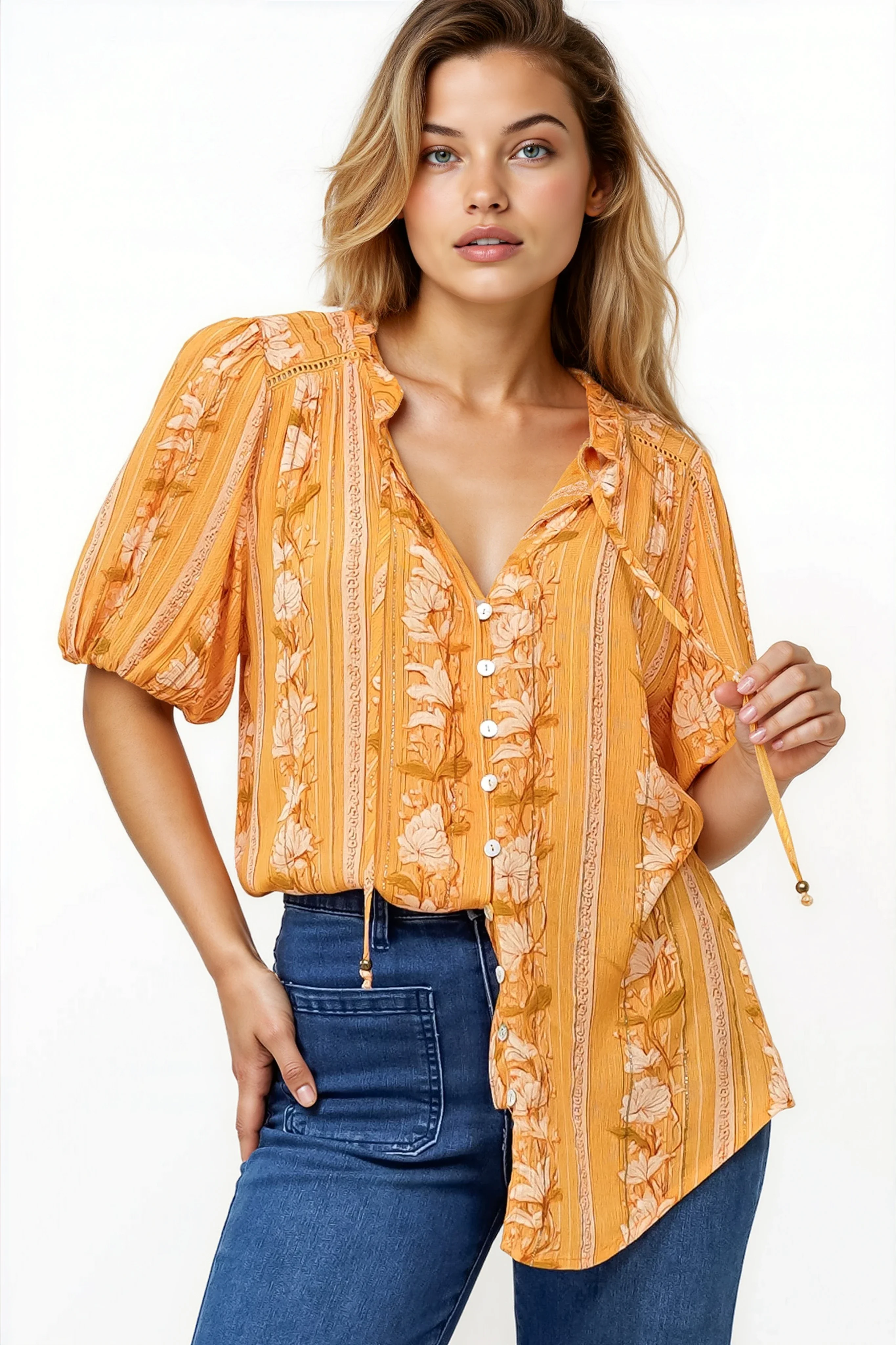 Neo Blouse - High Frill Collar Button Down Shirt in Totema Print - Image 3