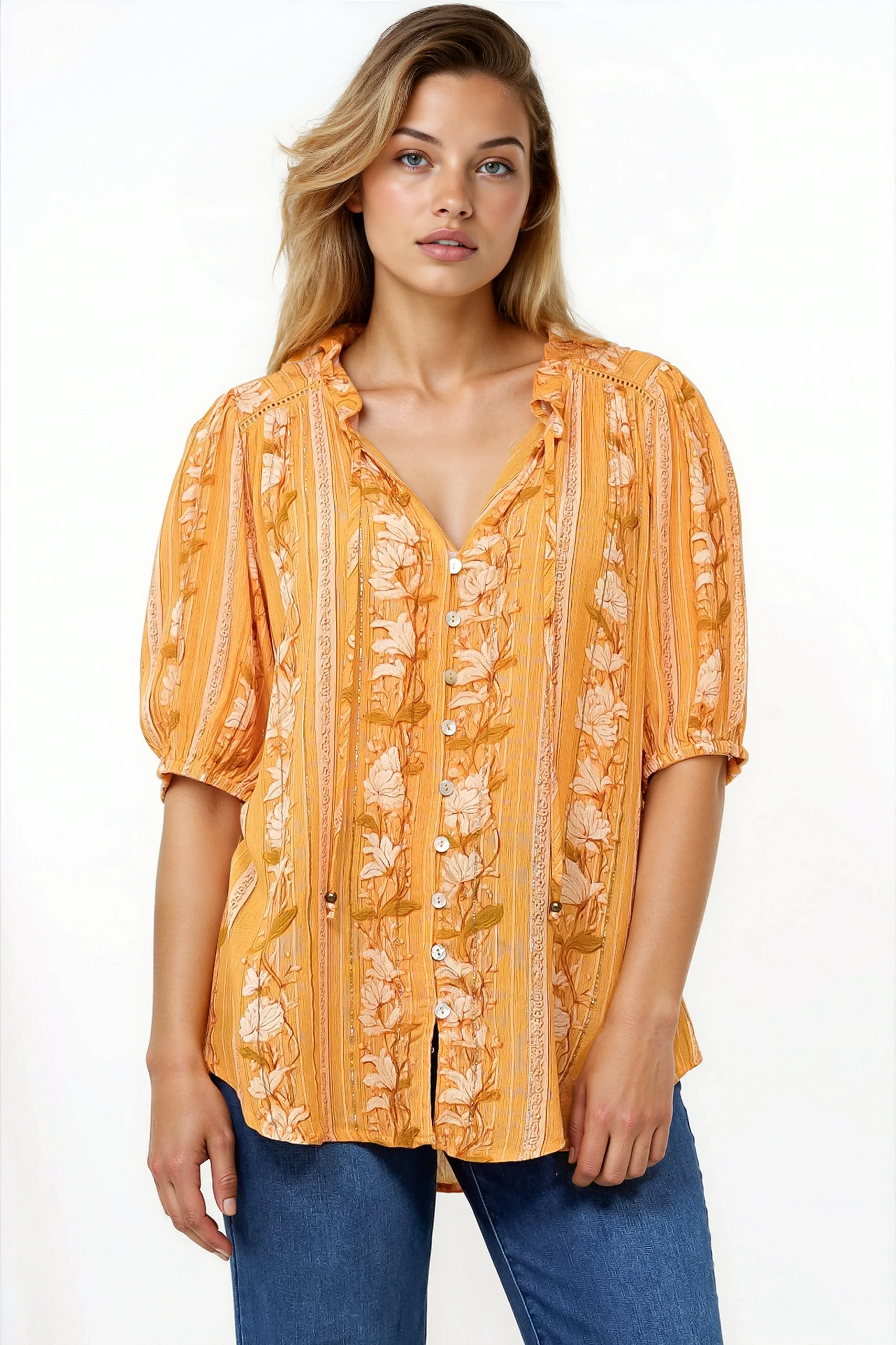 Neo Blouse - High Frill Collar Button Down Shirt in Totema Print - Image 4
