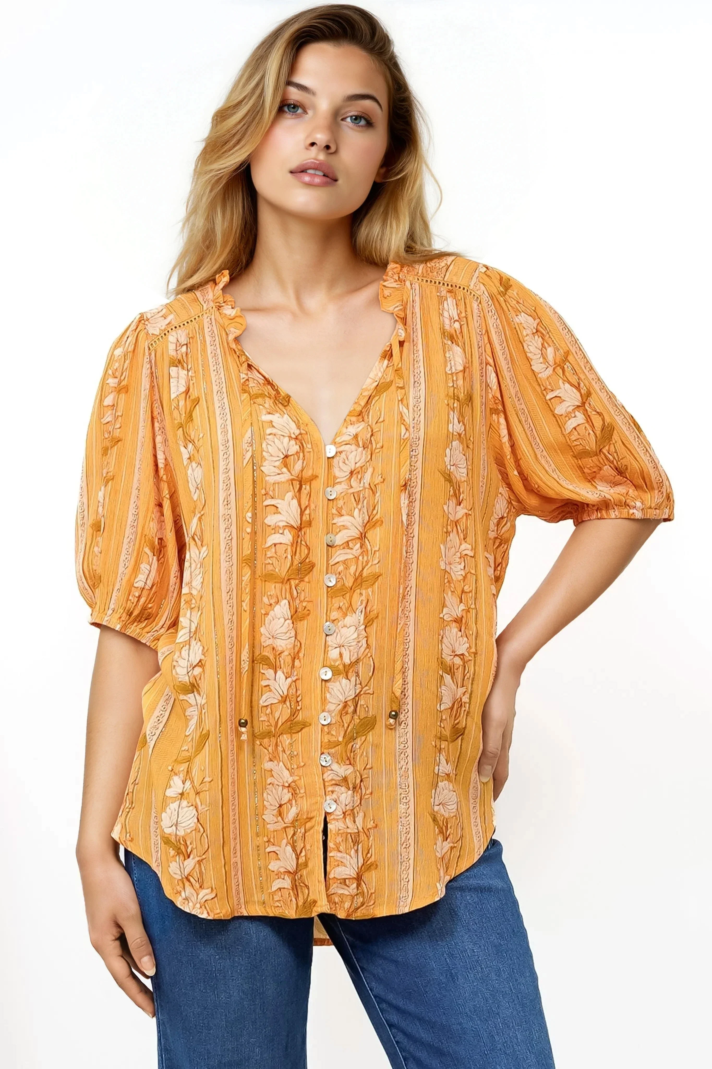 Neo Blouse - High Frill Collar Button Down Shirt in Totema Print - Image 6