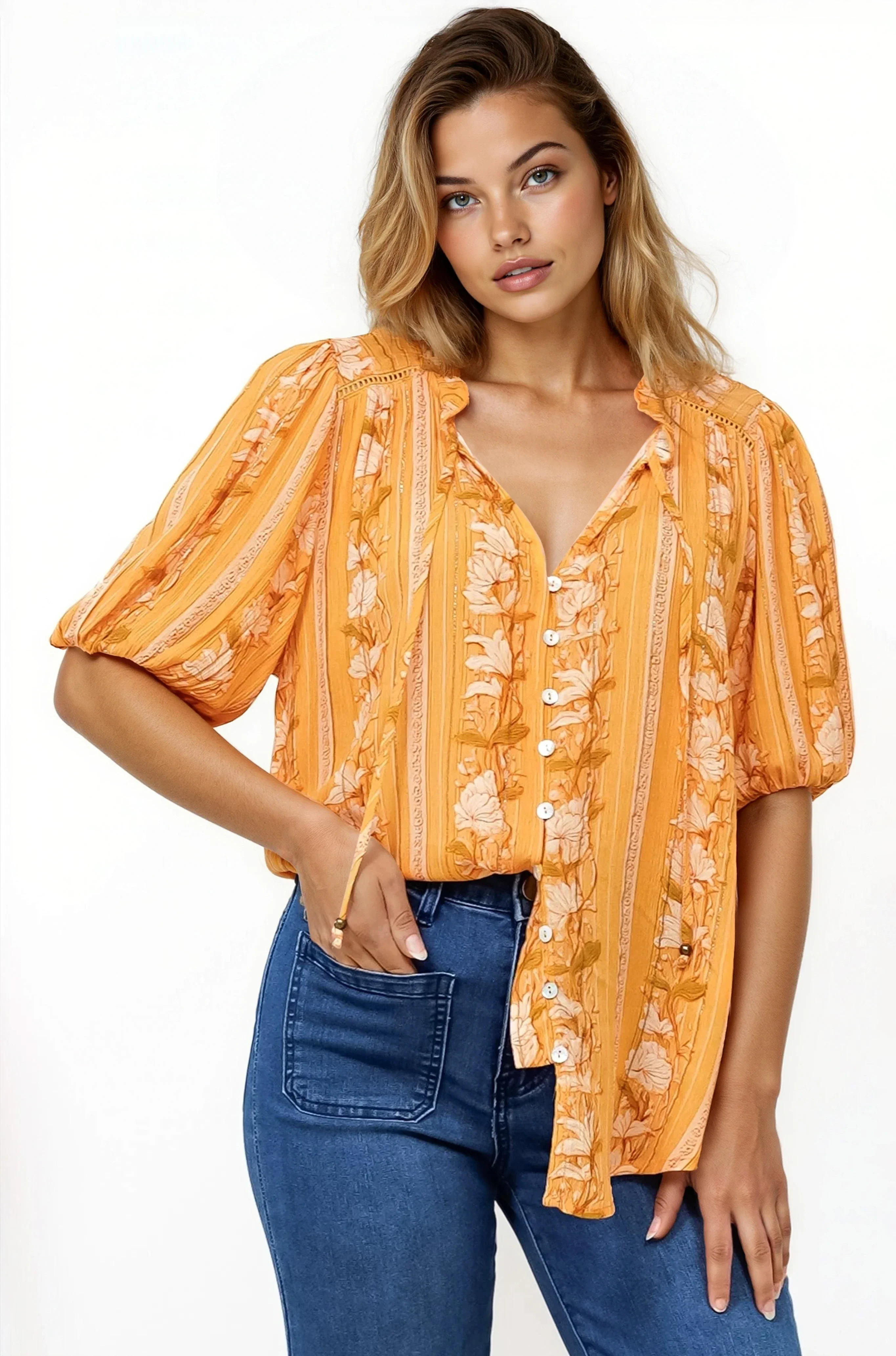 Neo Blouse - High Frill Collar Button Down Shirt in Totema Print - Image 7