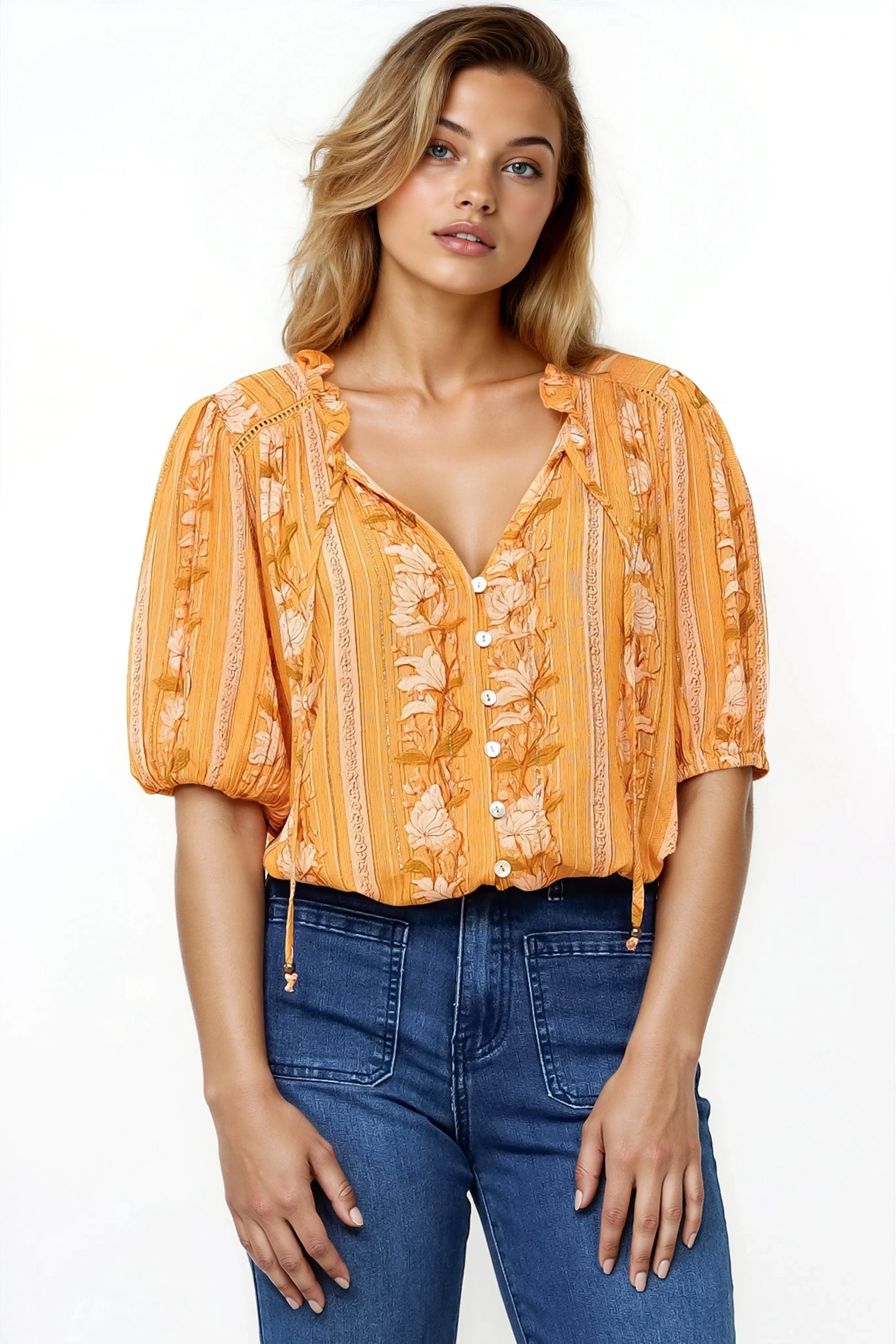 Neo Blouse - High Frill Collar Button Down Shirt in Totema Print - Image 8