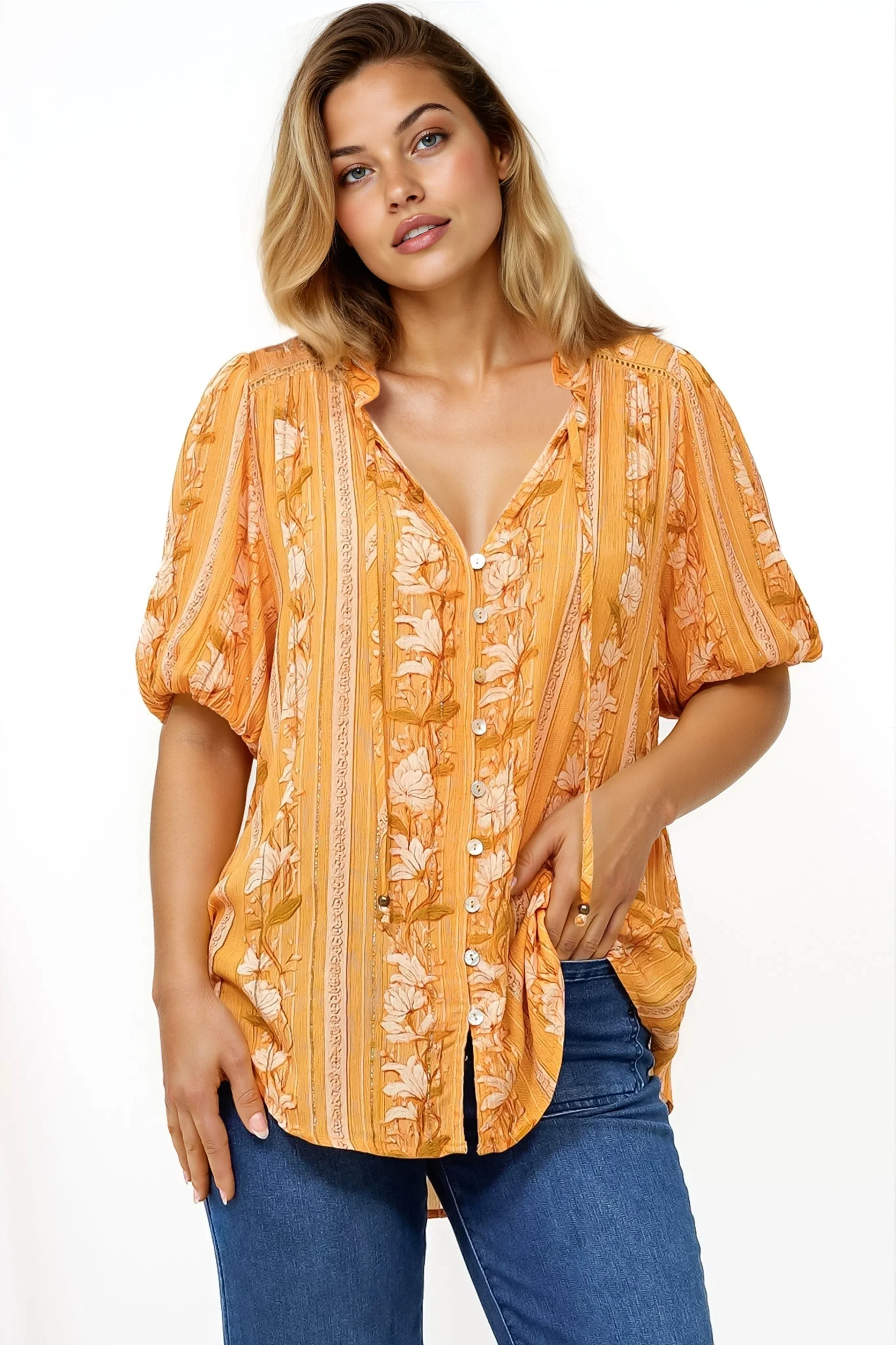 Neo Blouse - High Frill Collar Button Down Shirt in Totema Print - Image 9
