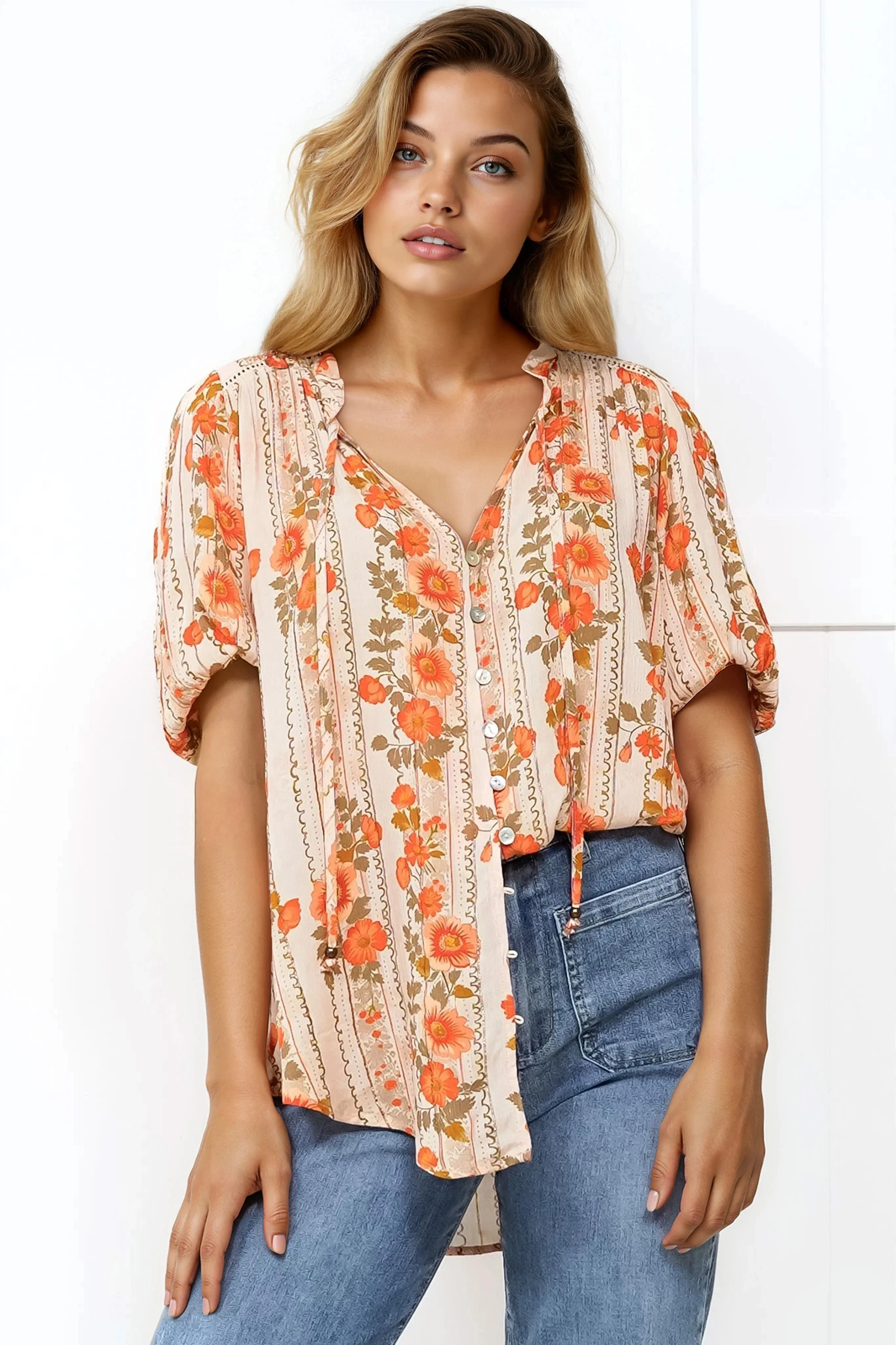 Neo Blouse - High Frill Collar Button Down Shirt in Vondrosa Print - Image 10