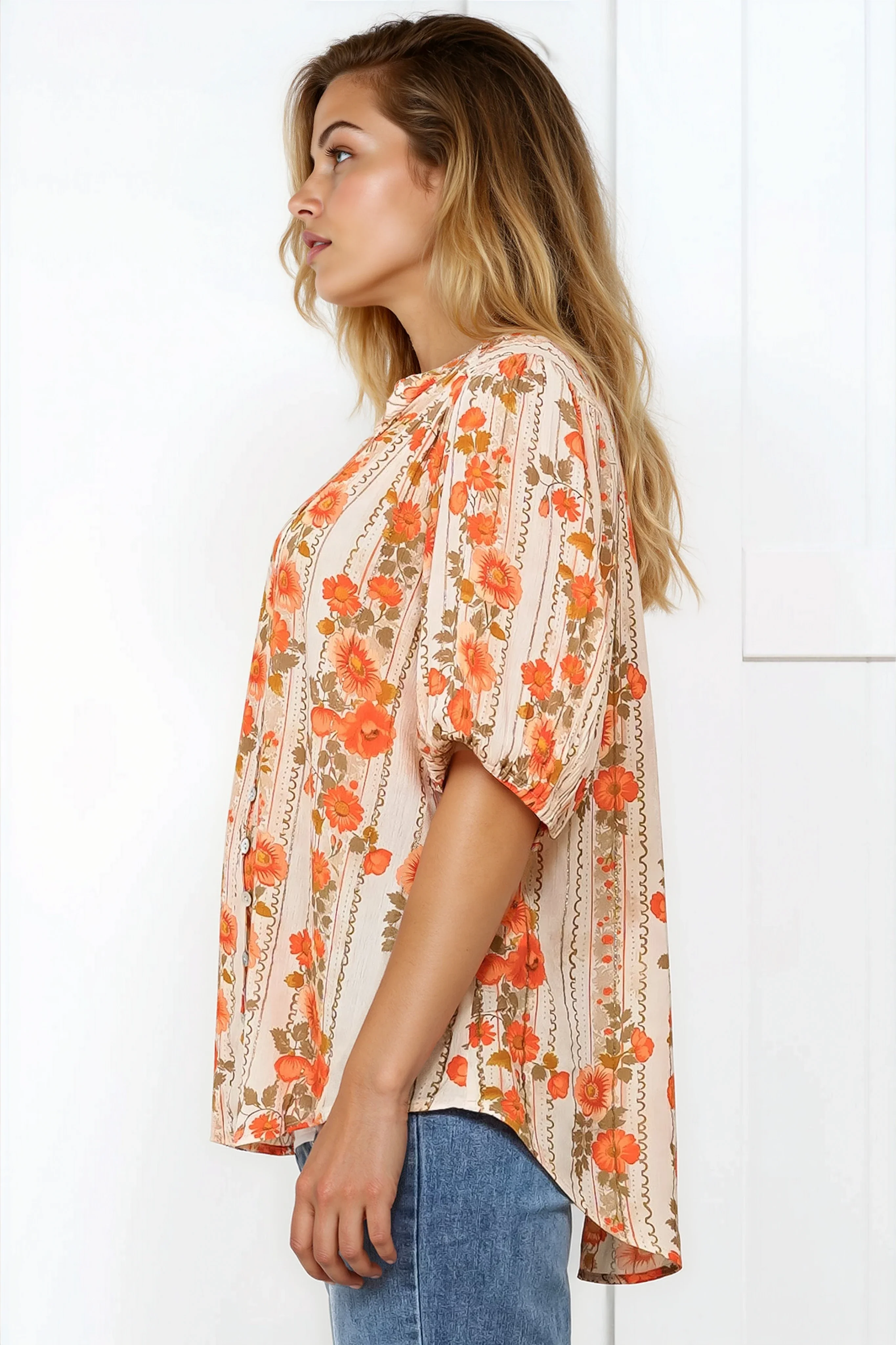 Neo Blouse - High Frill Collar Button Down Shirt in Vondrosa Print - Image 11