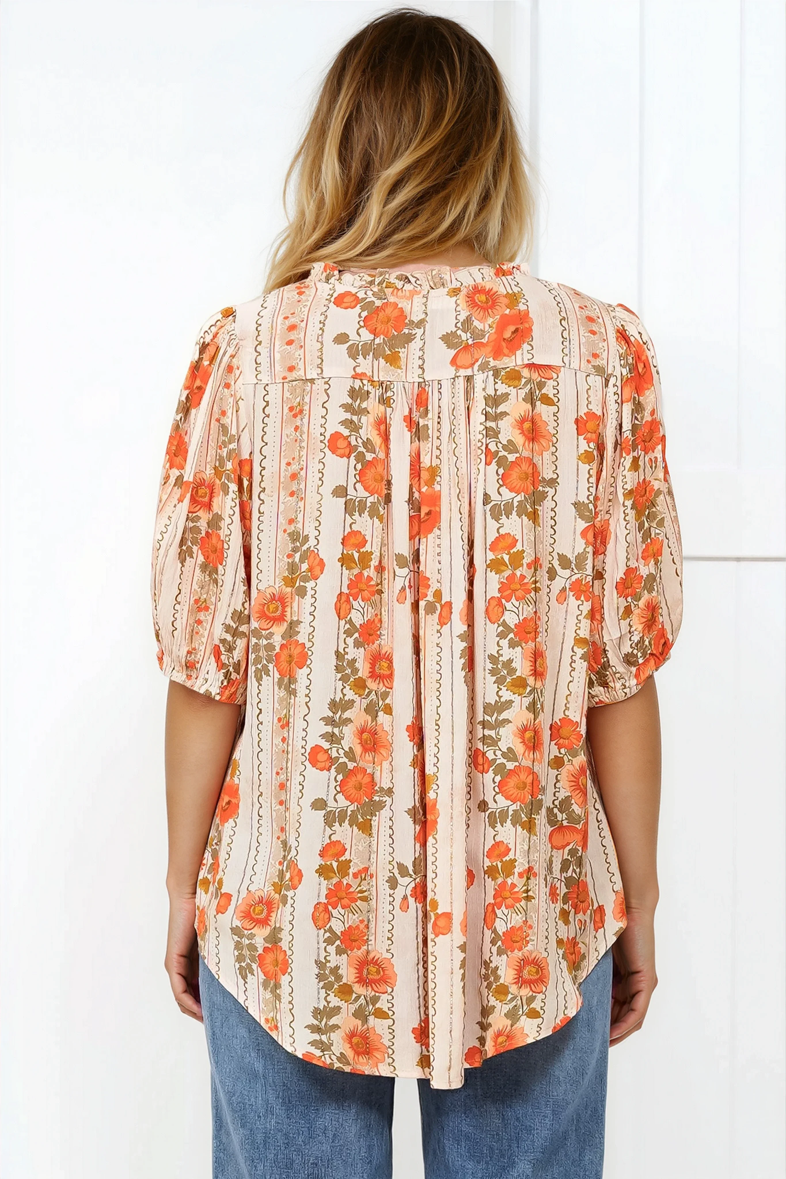 Neo Blouse - High Frill Collar Button Down Shirt in Vondrosa Print - Image 12