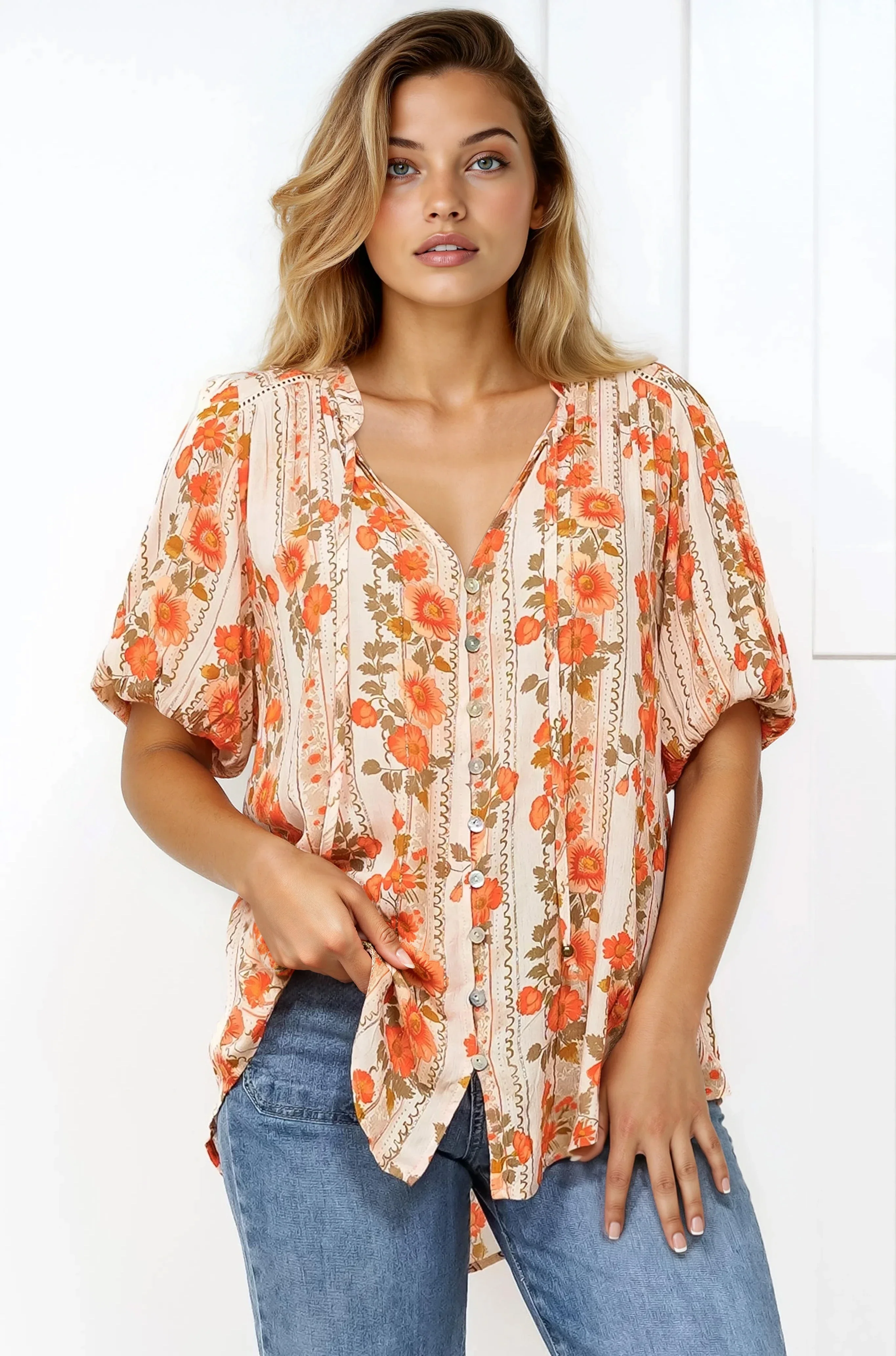 Neo Blouse - High Frill Collar Button Down Shirt in Vondrosa Print - Image 2