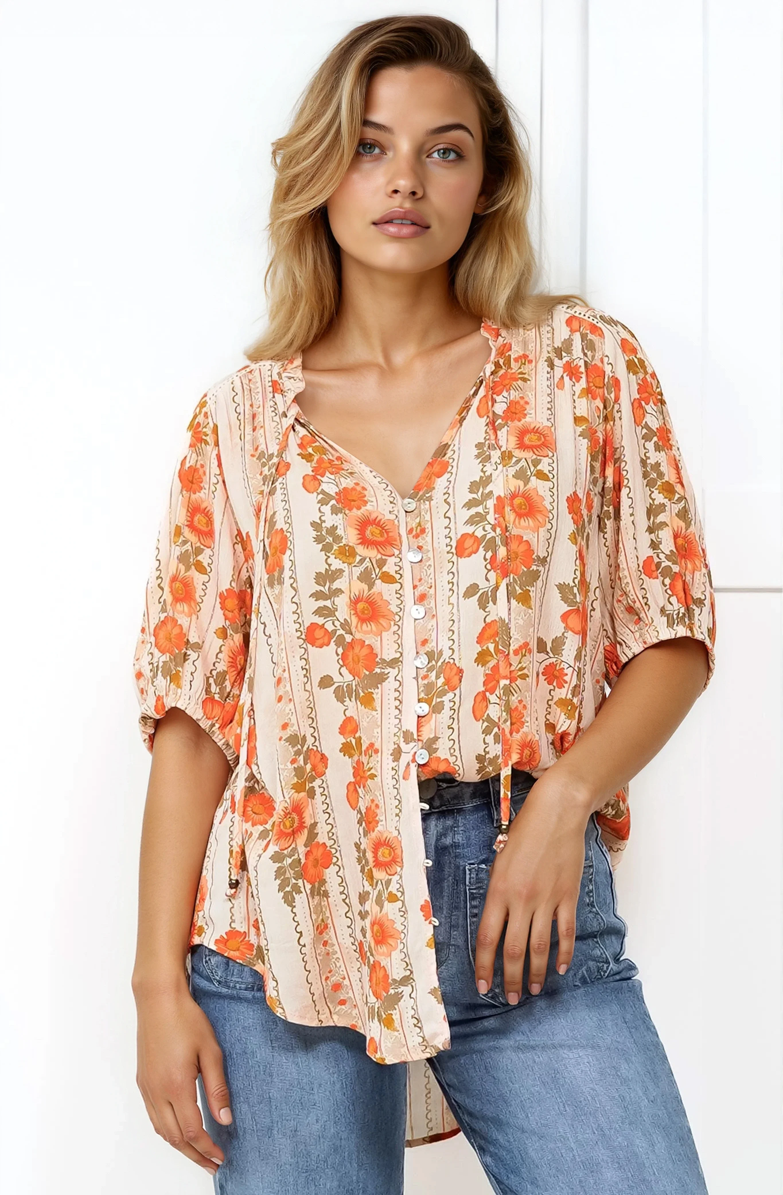 Neo Blouse - High Frill Collar Button Down Shirt in Vondrosa Print - Image 3