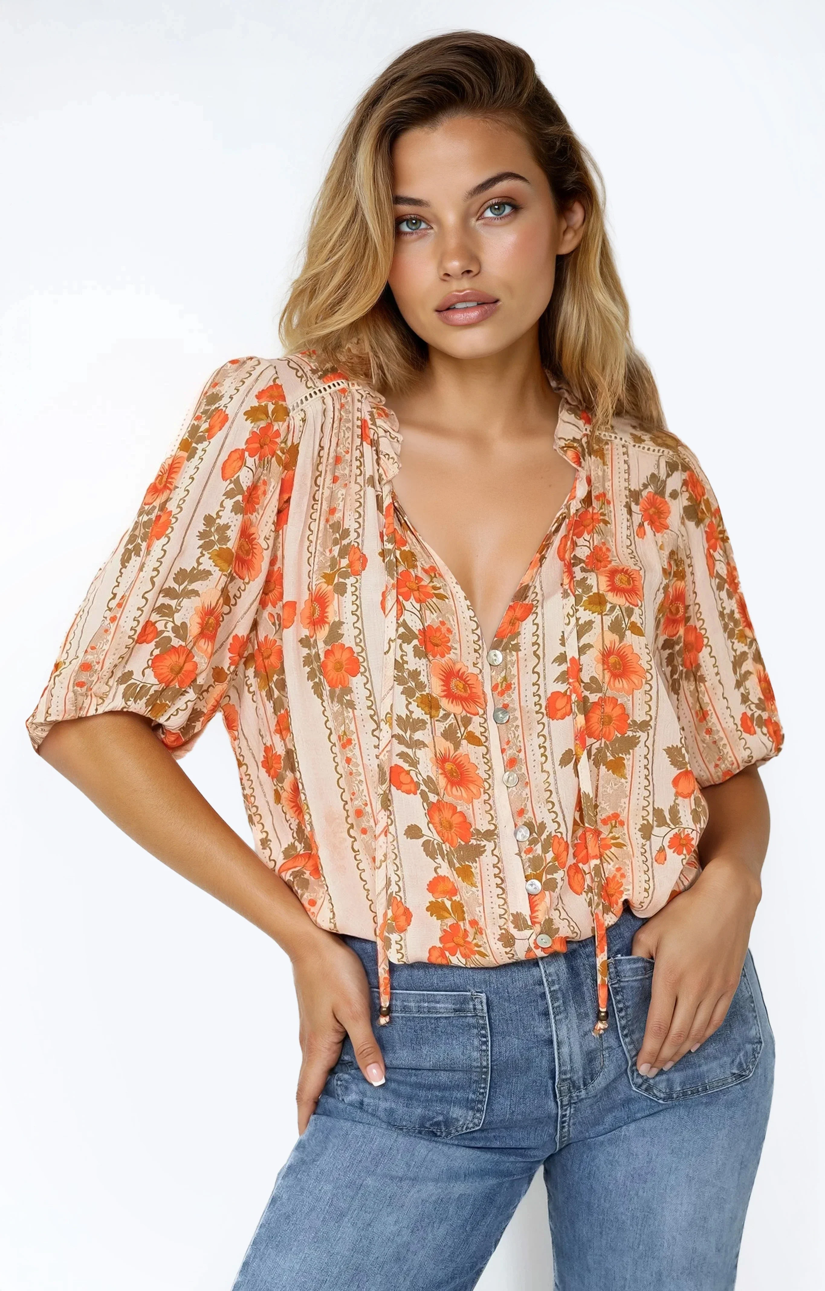 Neo Blouse - High Frill Collar Button Down Shirt in Vondrosa Print - Image 5