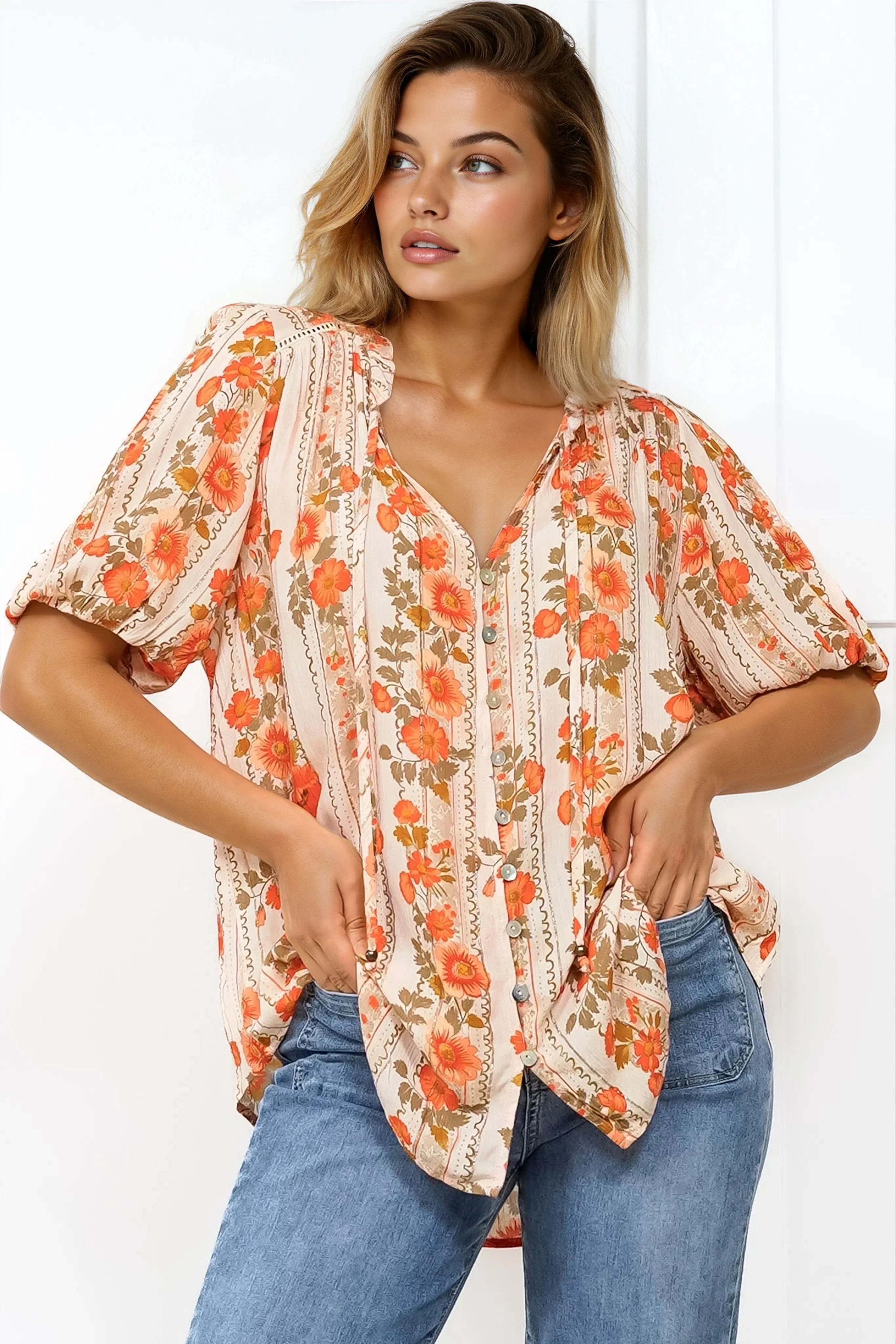 Neo Blouse - High Frill Collar Button Down Shirt in Vondrosa Print - Image 6