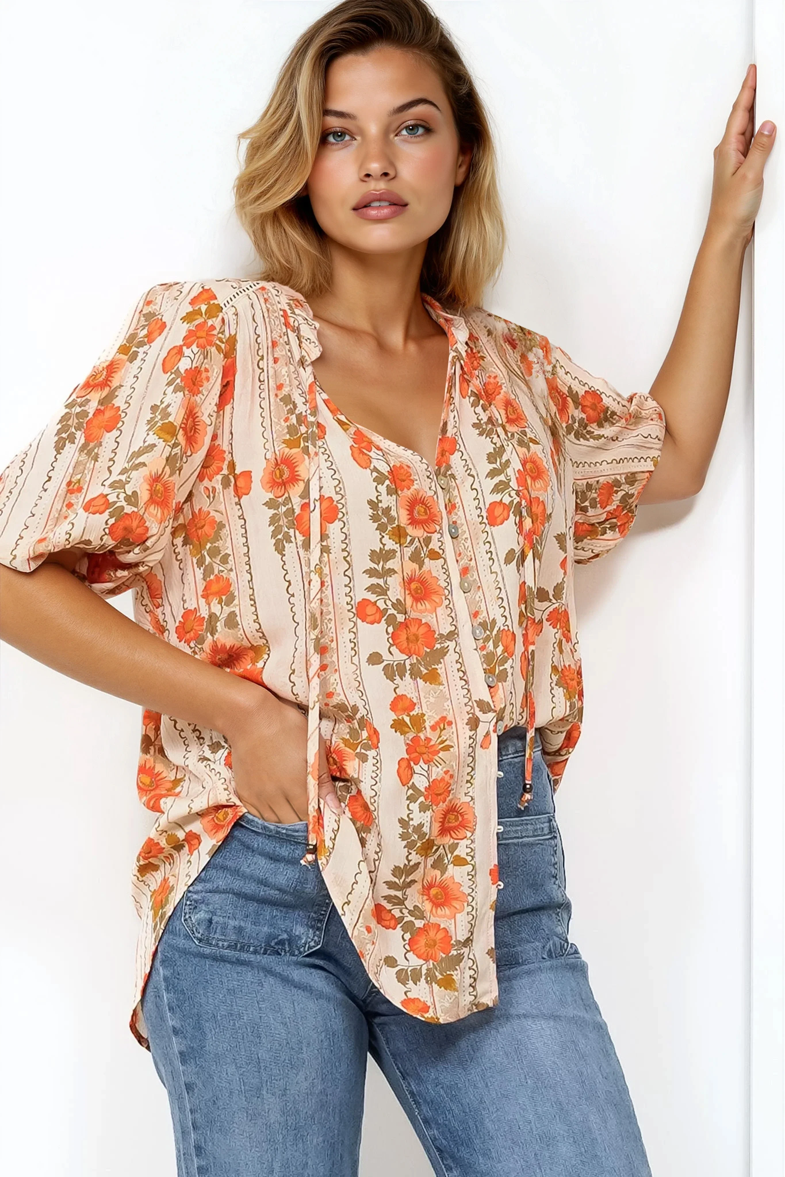 Neo Blouse - High Frill Collar Button Down Shirt in Vondrosa Print - Image 7