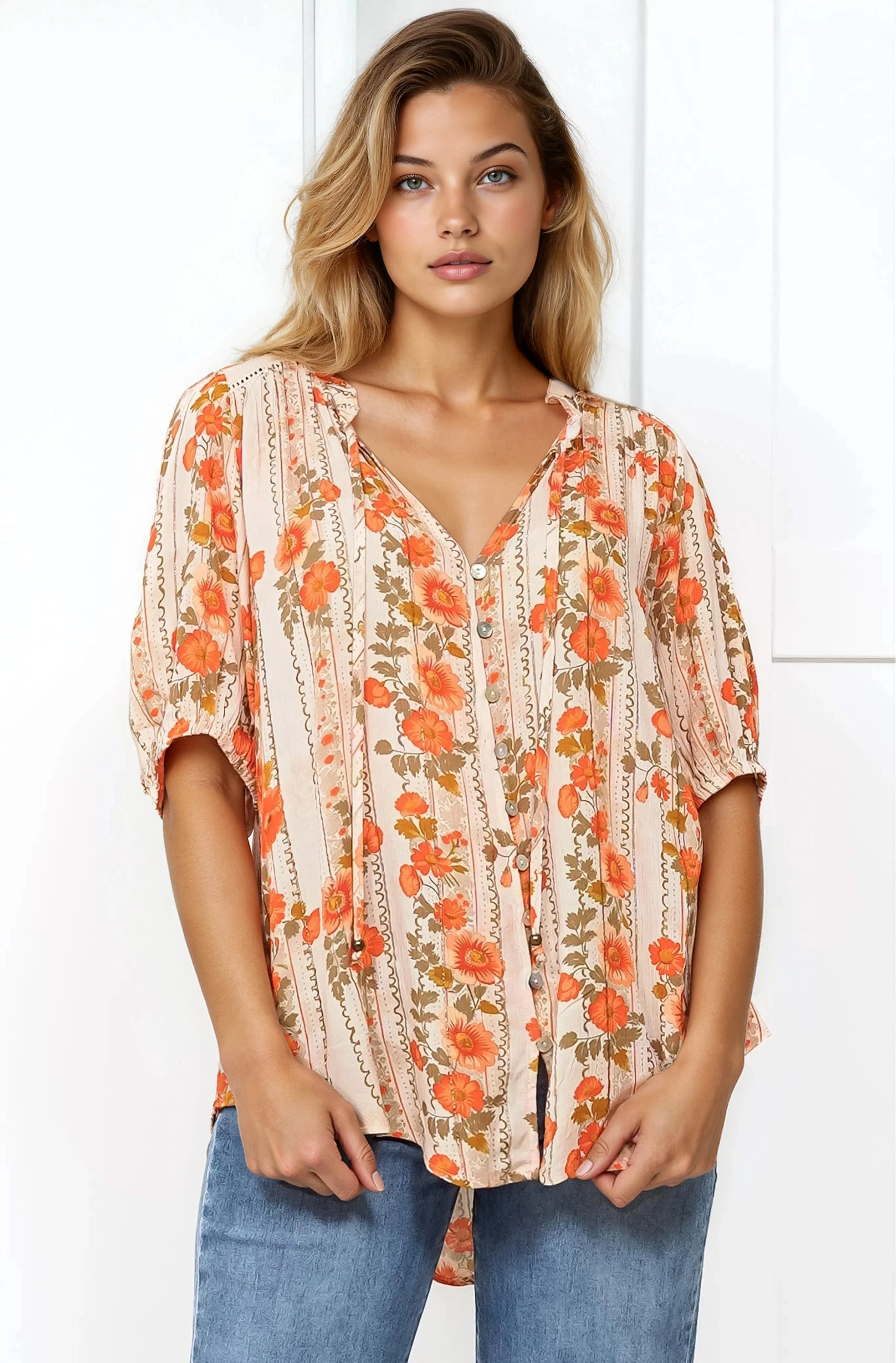 Neo Blouse - High Frill Collar Button Down Shirt in Vondrosa Print - Image 8