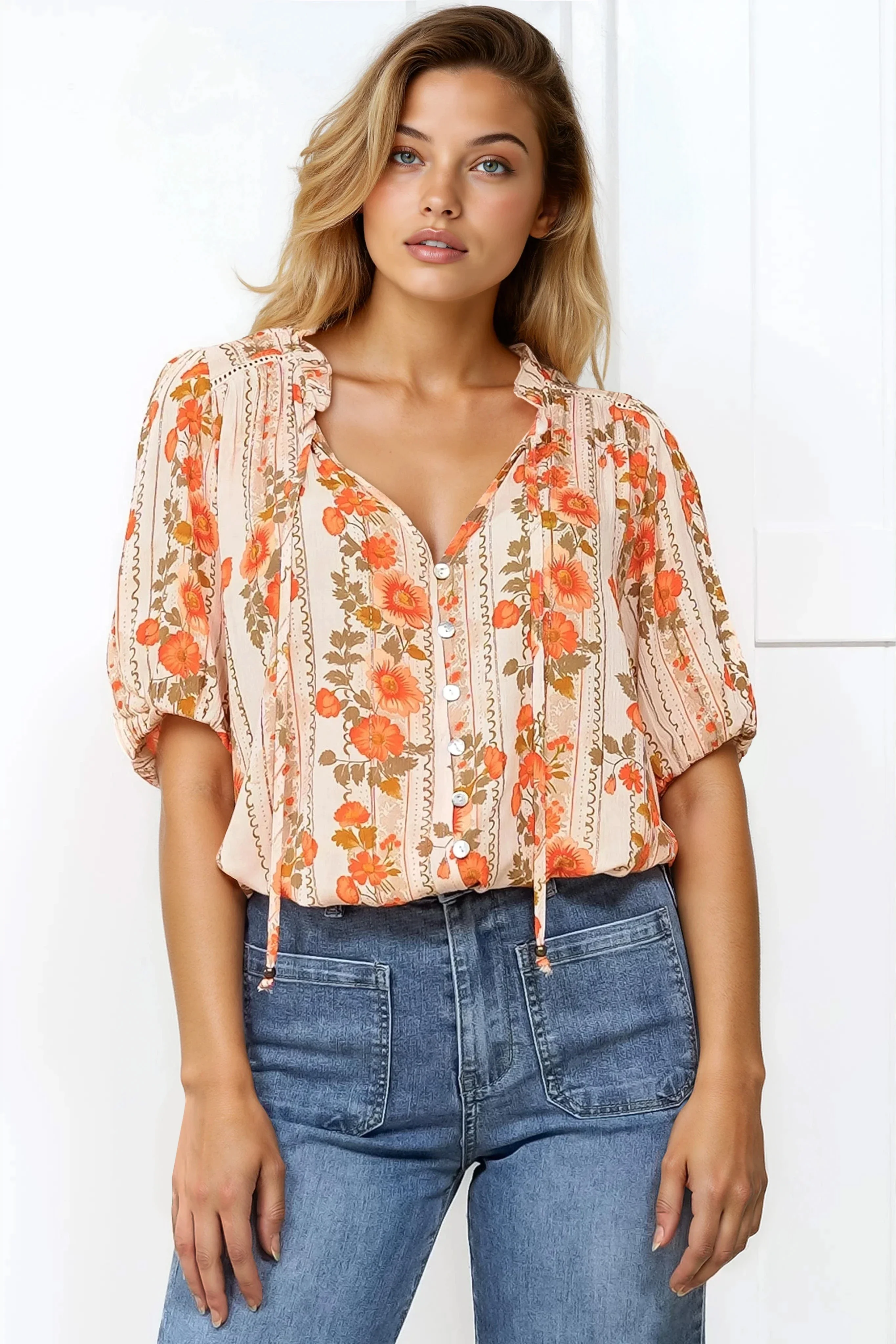 Neo Blouse - High Frill Collar Button Down Shirt in Vondrosa Print - Image 9