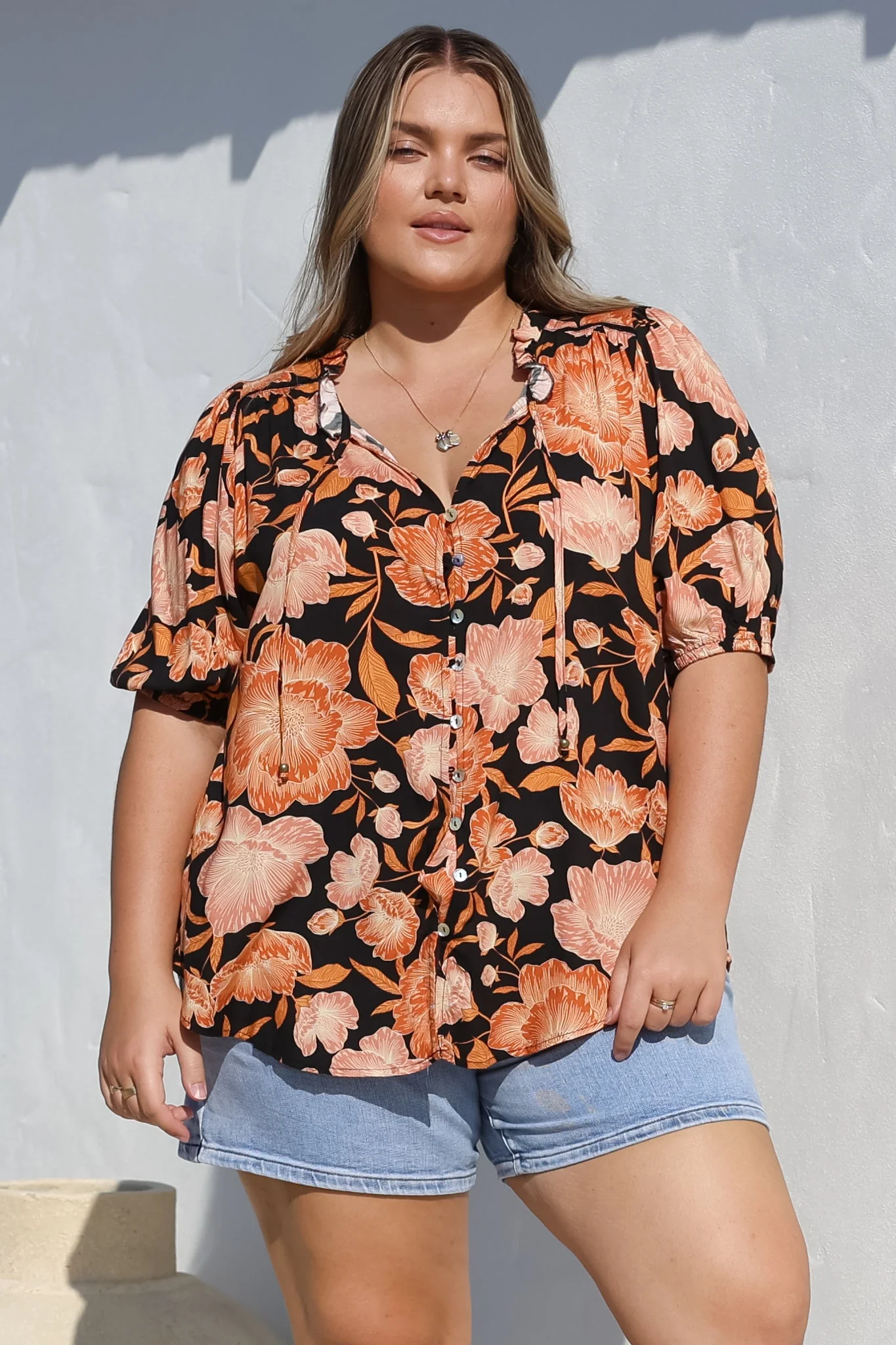Neo Blouse - High Frill Collar Button Down Shirt in Yasmin Print Black - Image 10