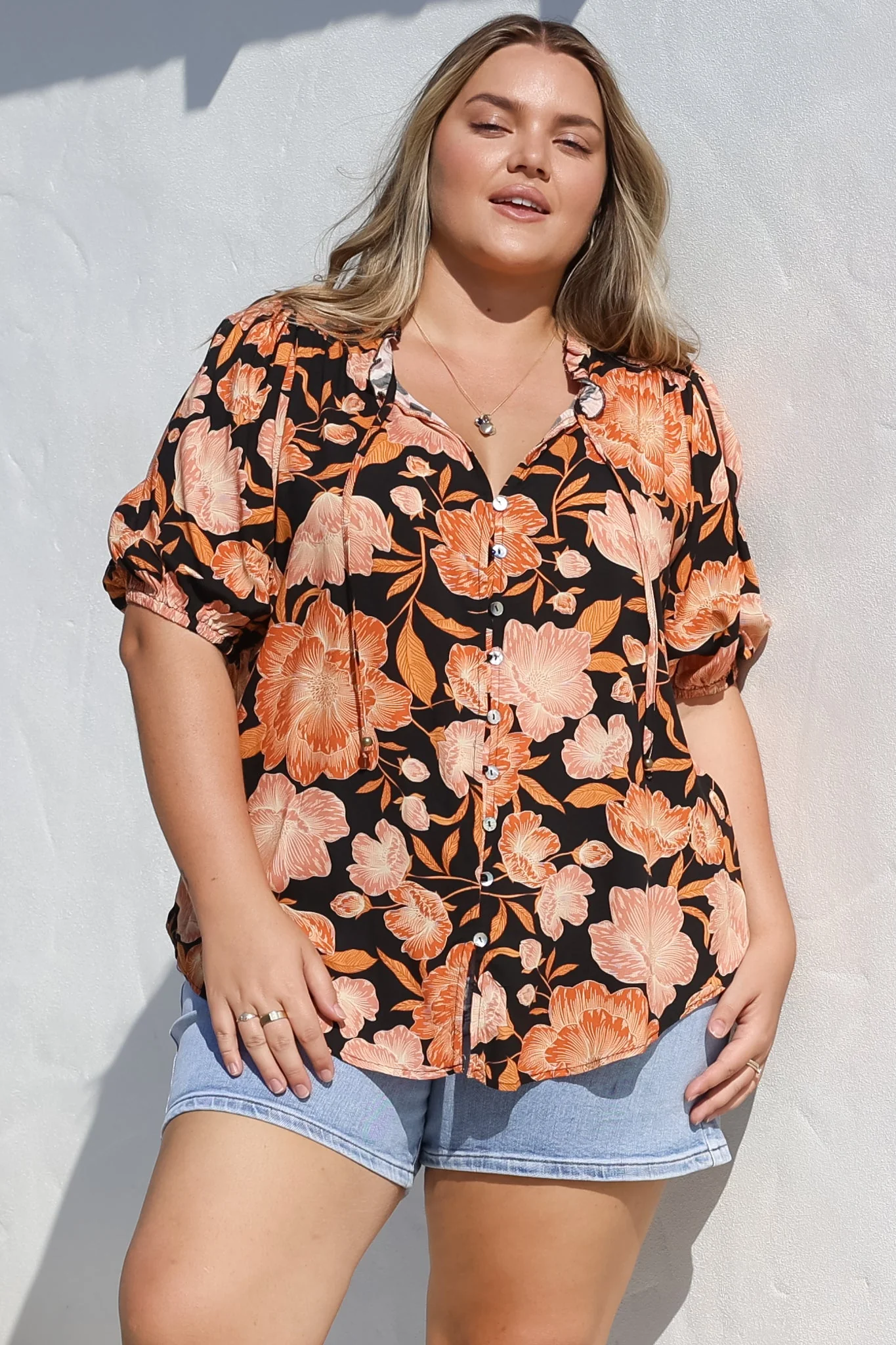 Neo Blouse - High Frill Collar Button Down Shirt in Yasmin Print Black - Image 13