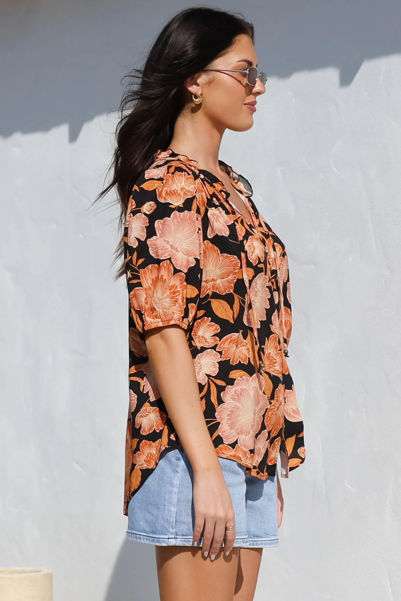Neo Blouse - High Frill Collar Button Down Shirt in Yasmin Print Black - Image 15