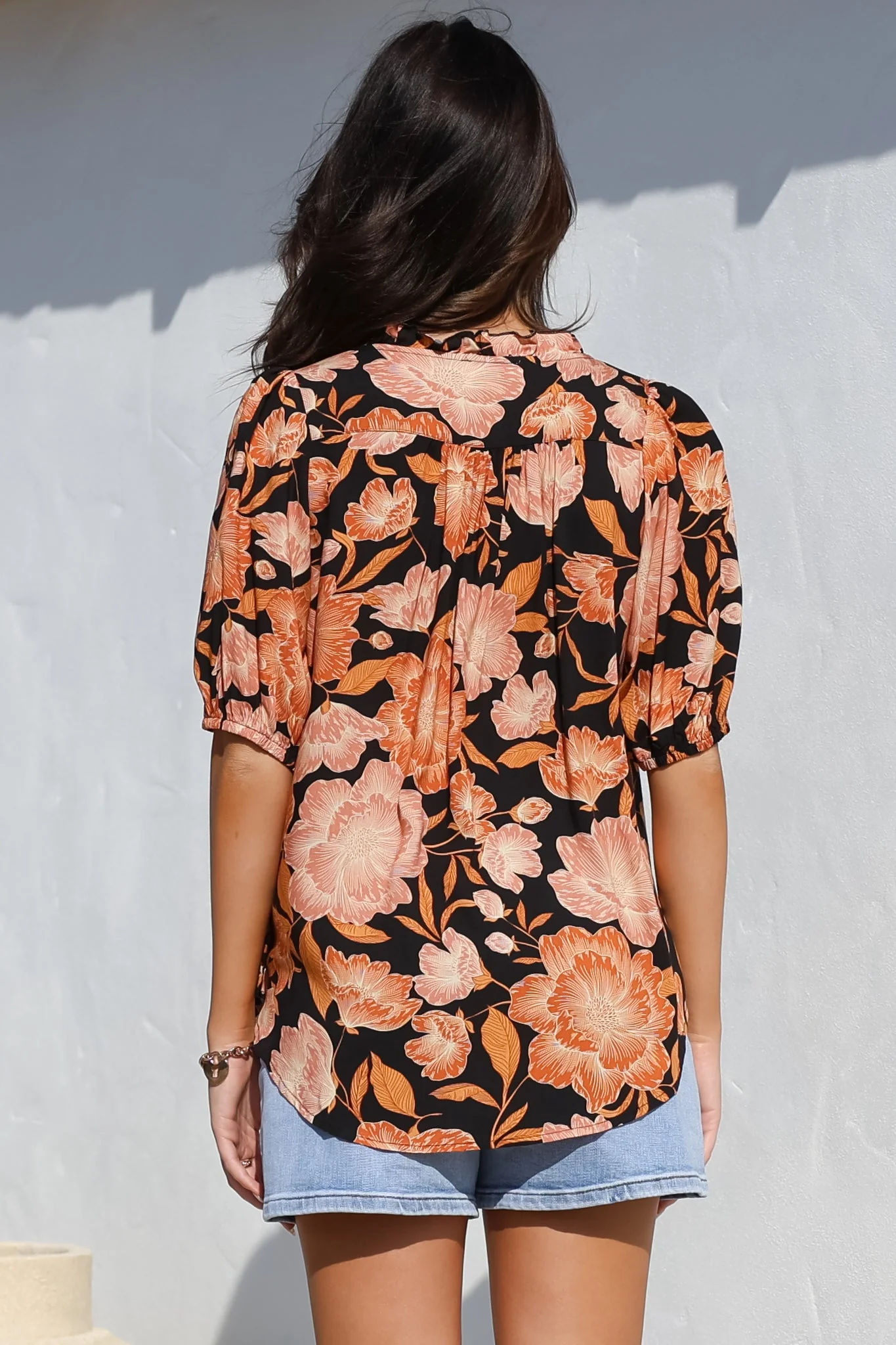 Neo Blouse - High Frill Collar Button Down Shirt in Yasmin Print Black - Image 16