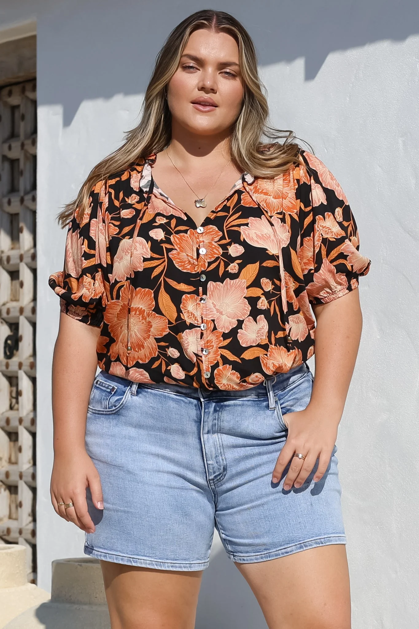 Neo Blouse - High Frill Collar Button Down Shirt in Yasmin Print Black - Image 2