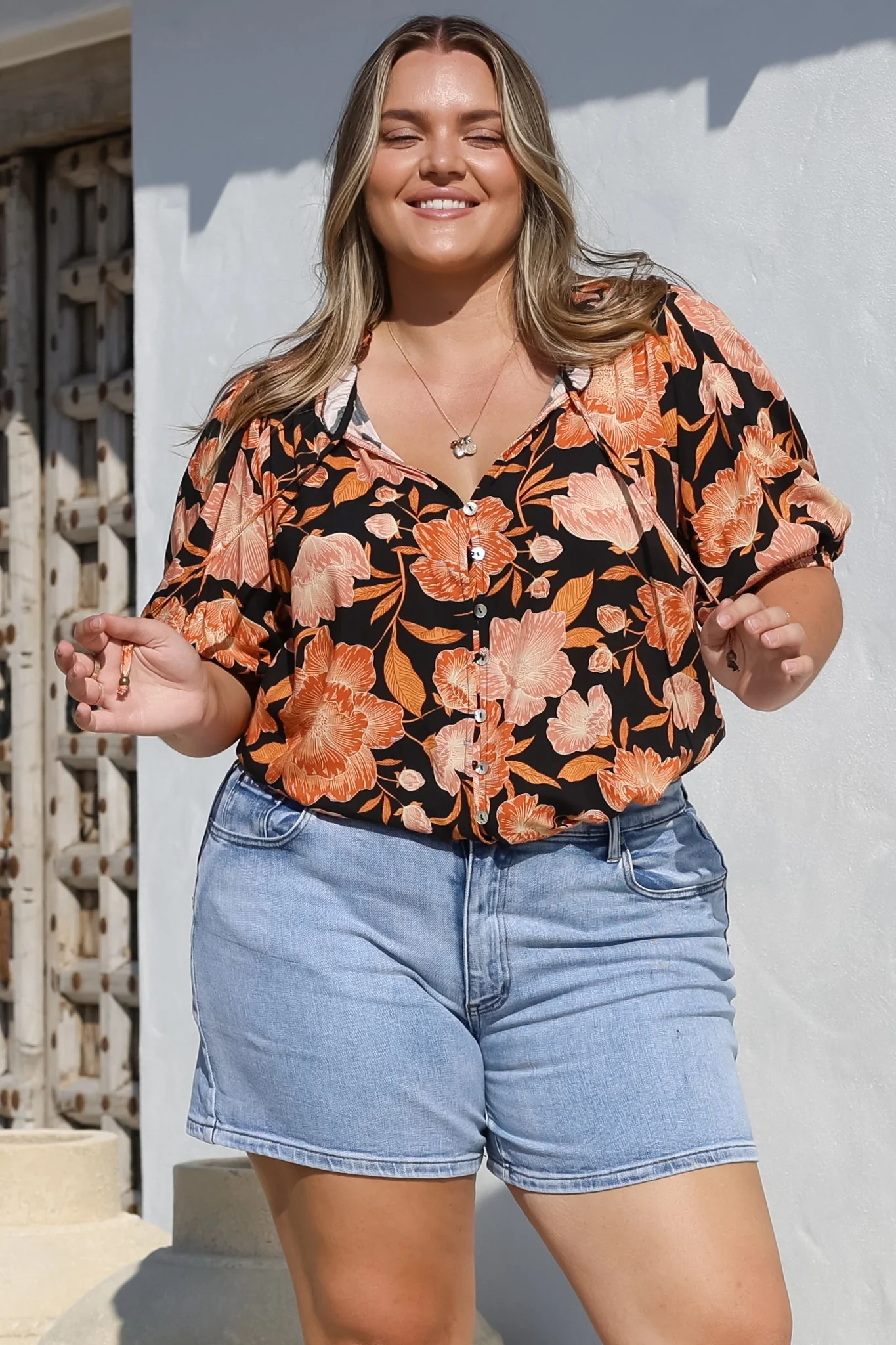Neo Blouse - High Frill Collar Button Down Shirt in Yasmin Print Black - Image 8