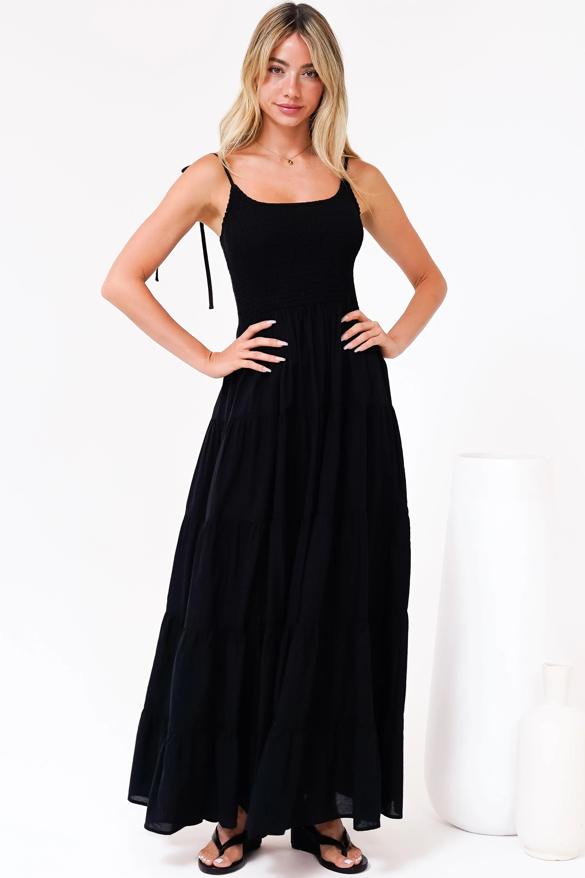 Nessa Maxi Dress - Tie Up Strap Tiered Sun Dress in Black - Image 2