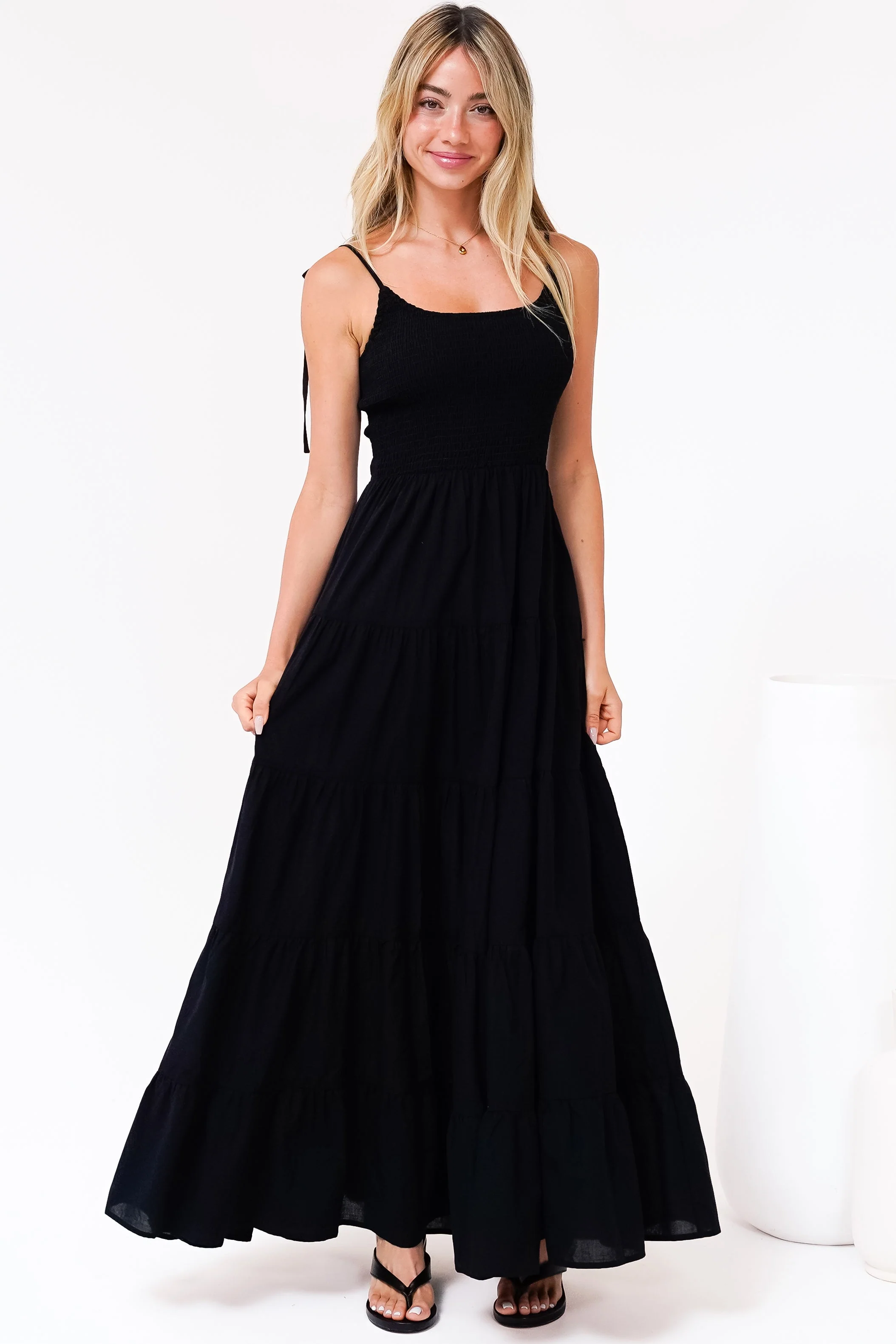 Nessa Maxi Dress - Tie Up Strap Tiered Sun Dress in Black - Image 3