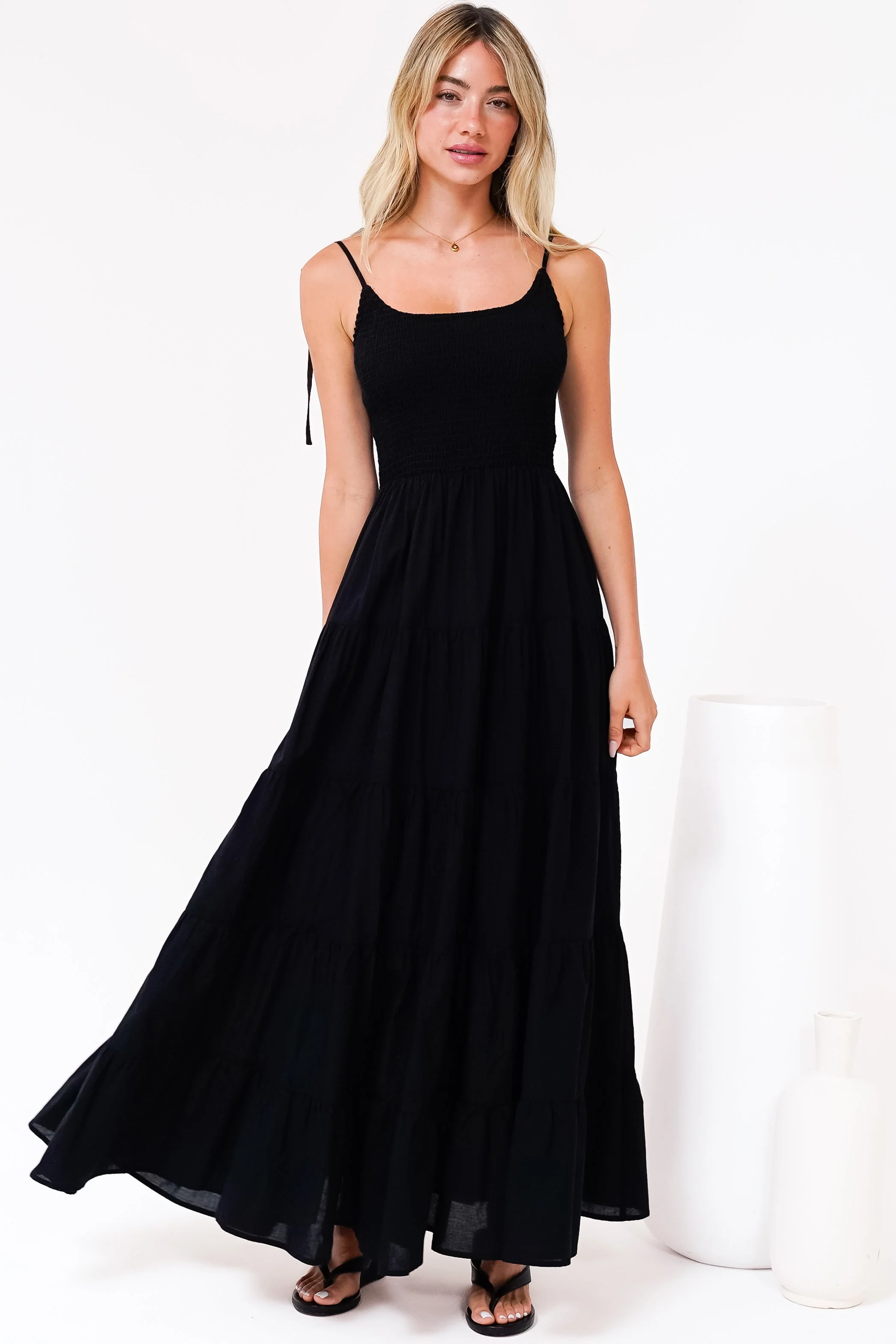 Nessa Maxi Dress - Tie Up Strap Tiered Sun Dress in Black - Image 4
