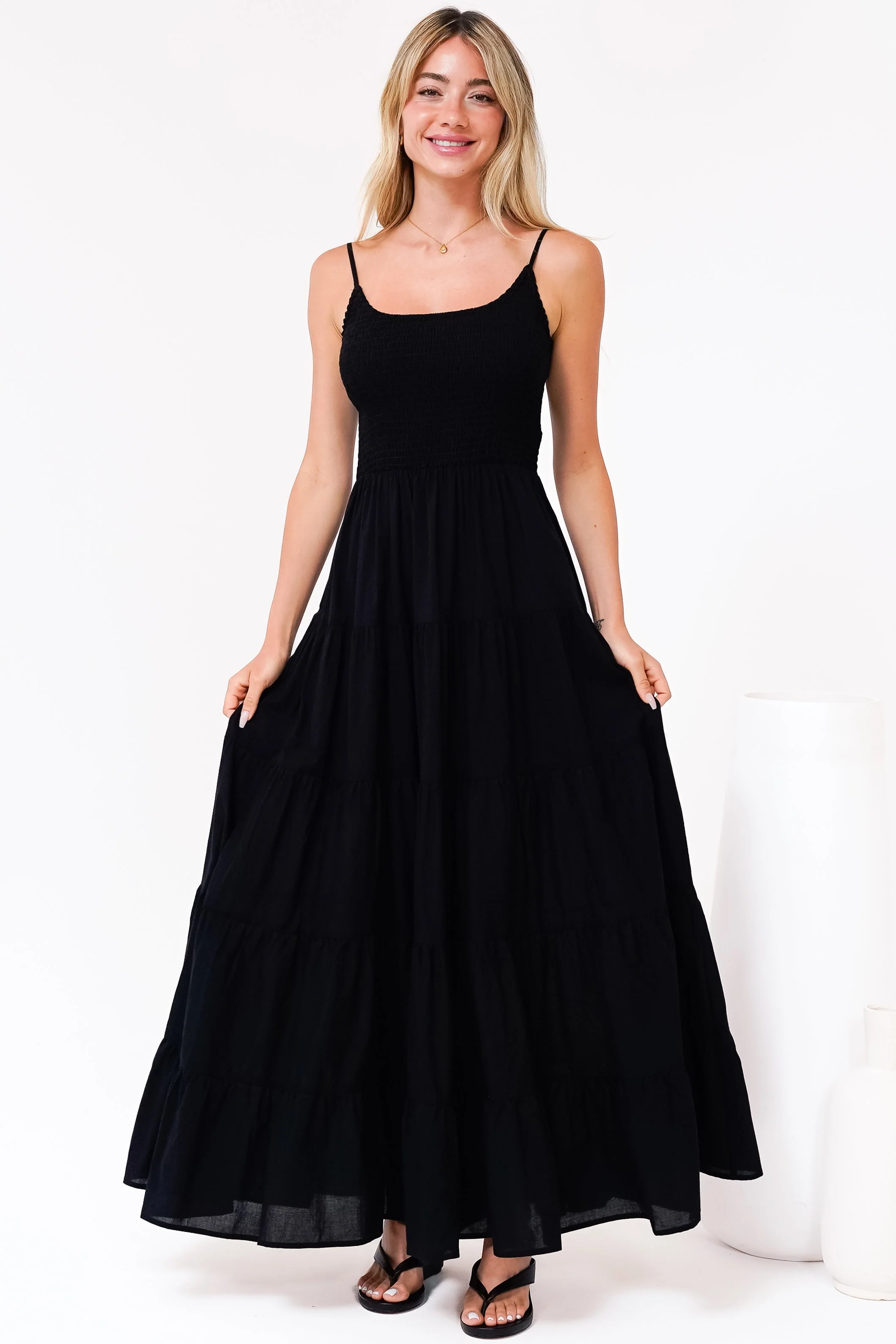 Nessa Maxi Dress - Tie Up Strap Tiered Sun Dress in Black - Image 5