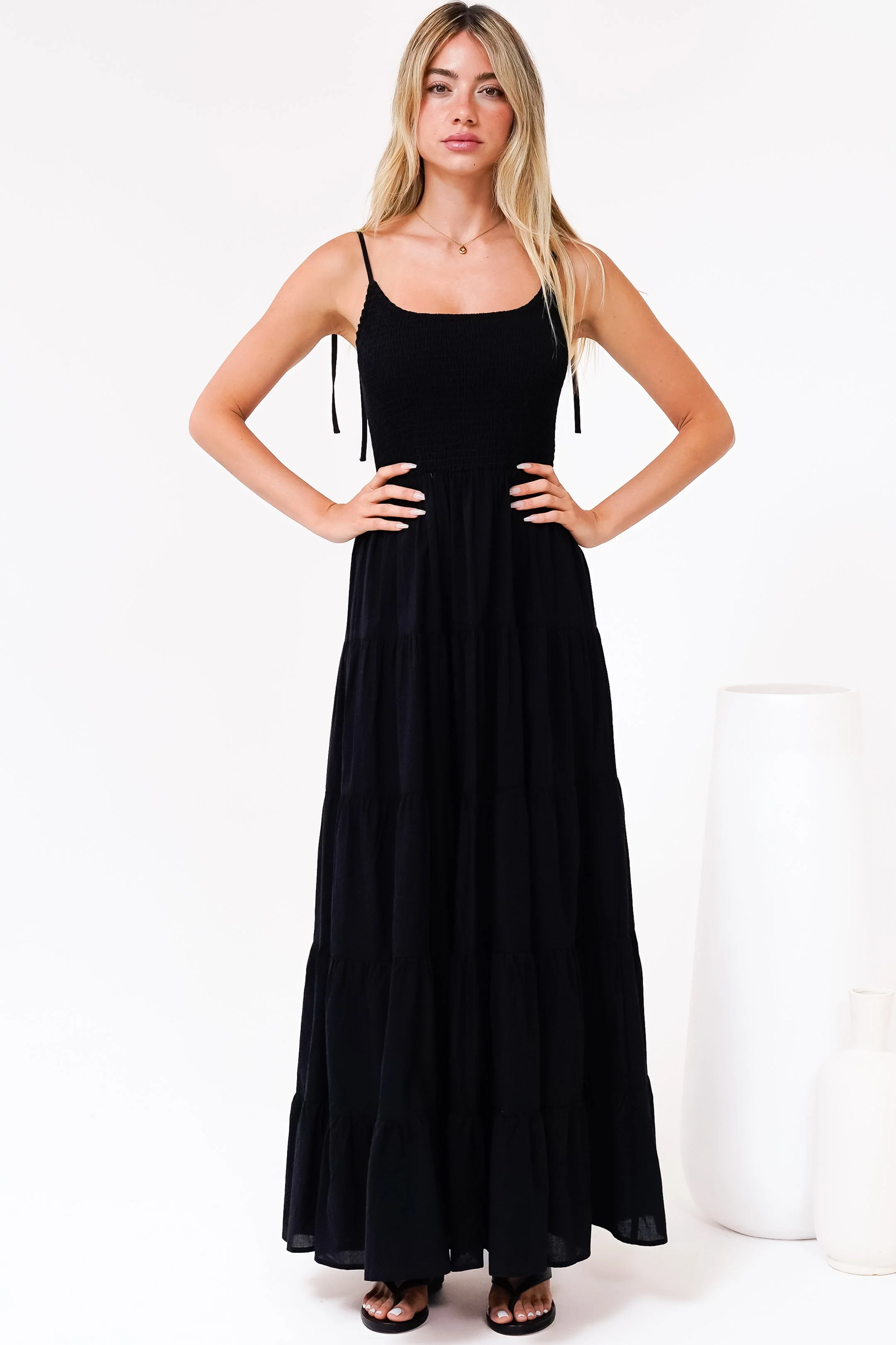 Nessa Maxi Dress - Tie Up Strap Tiered Sun Dress in Black - Image 6