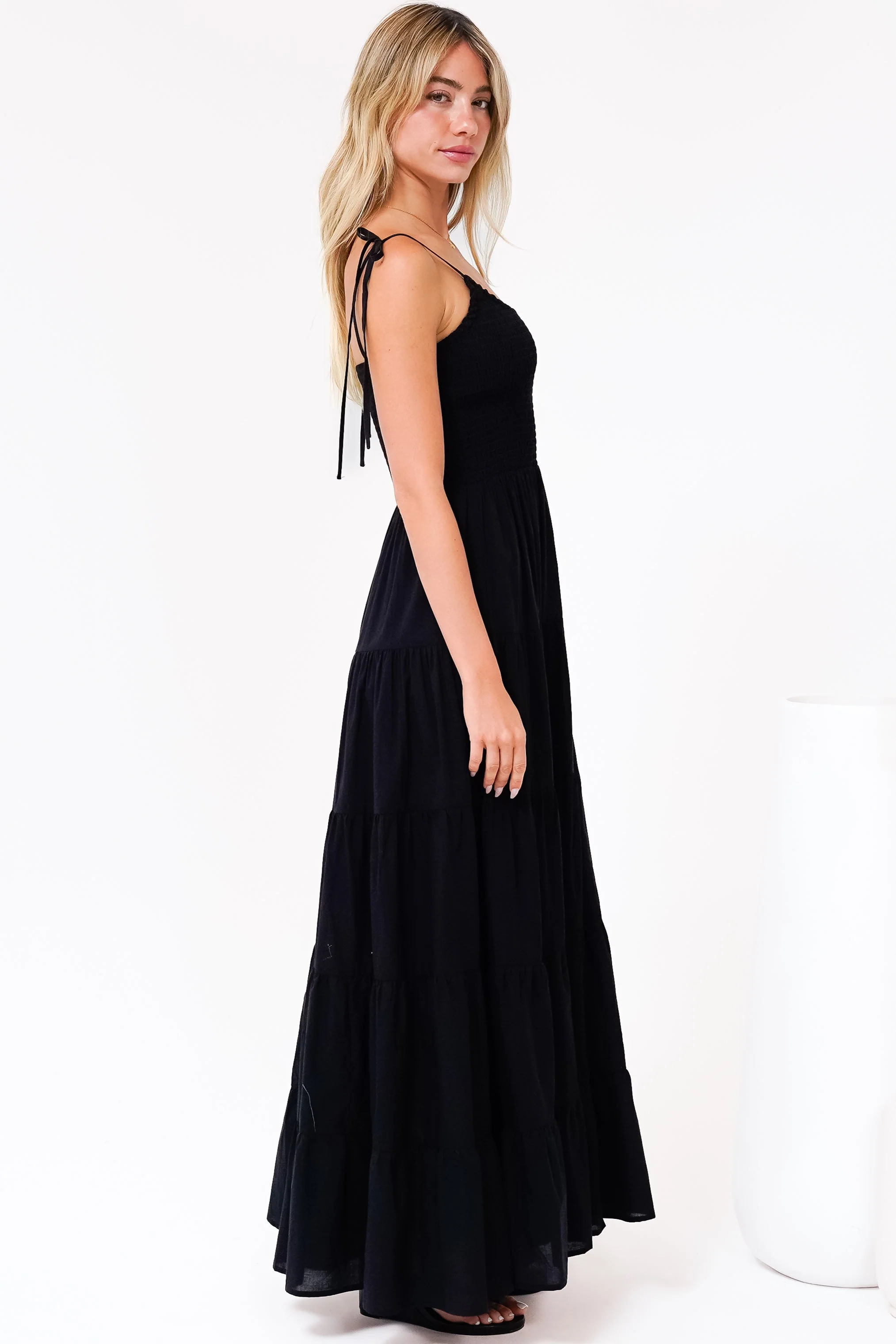 Nessa Maxi Dress - Tie Up Strap Tiered Sun Dress in Black - Image 7