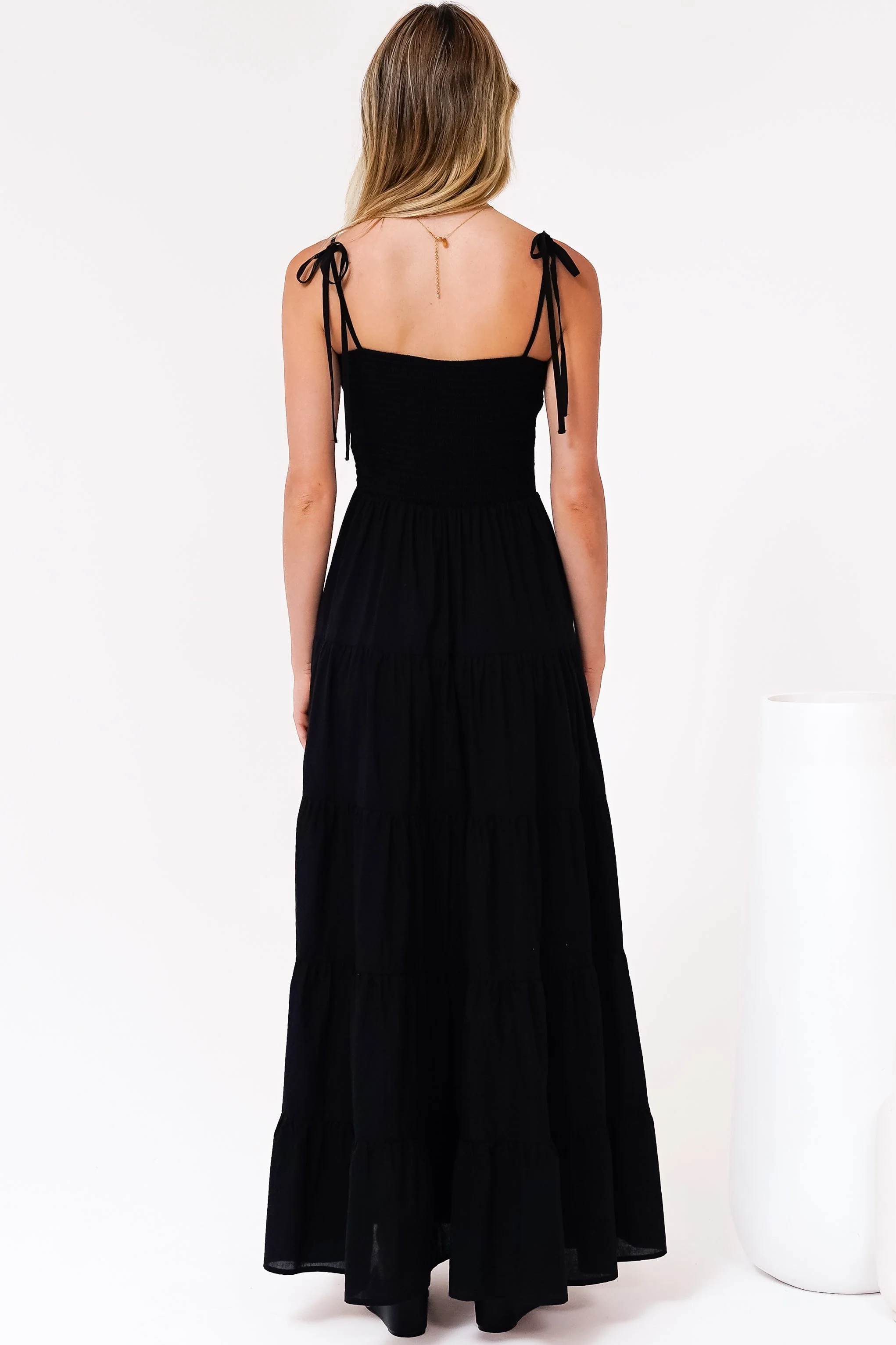 Nessa Maxi Dress - Tie Up Strap Tiered Sun Dress in Black - Image 8