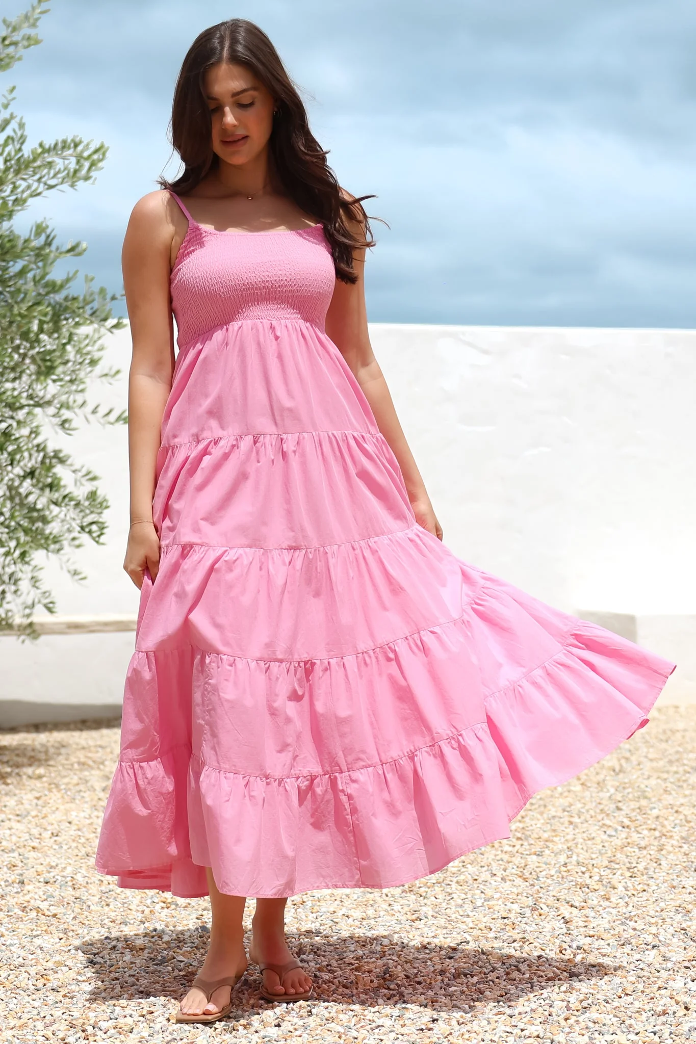 Nessa Maxi Dress - Tie Up Strap Tiered Sun Dress in Pink - Image 2