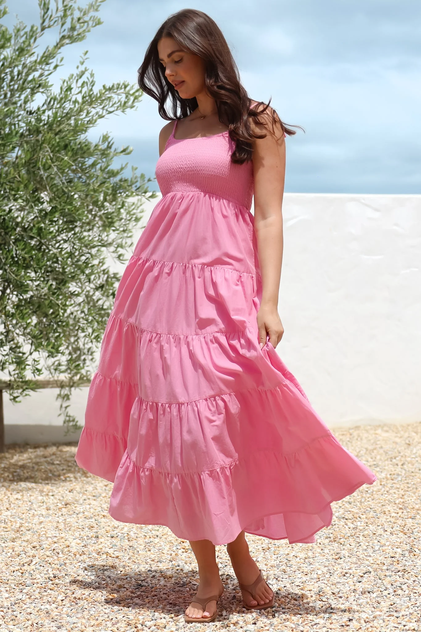 Nessa Maxi Dress - Tie Up Strap Tiered Sun Dress in Pink - Image 4